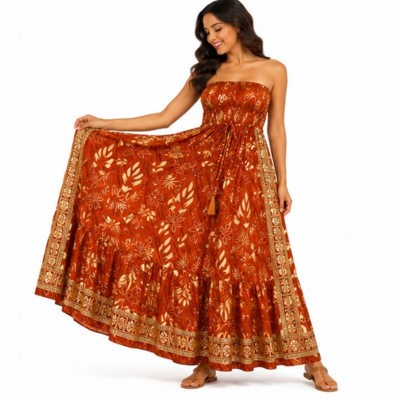 Vestido Longo Feminino Indiano Tomara que Caia com Lastex Marrom
