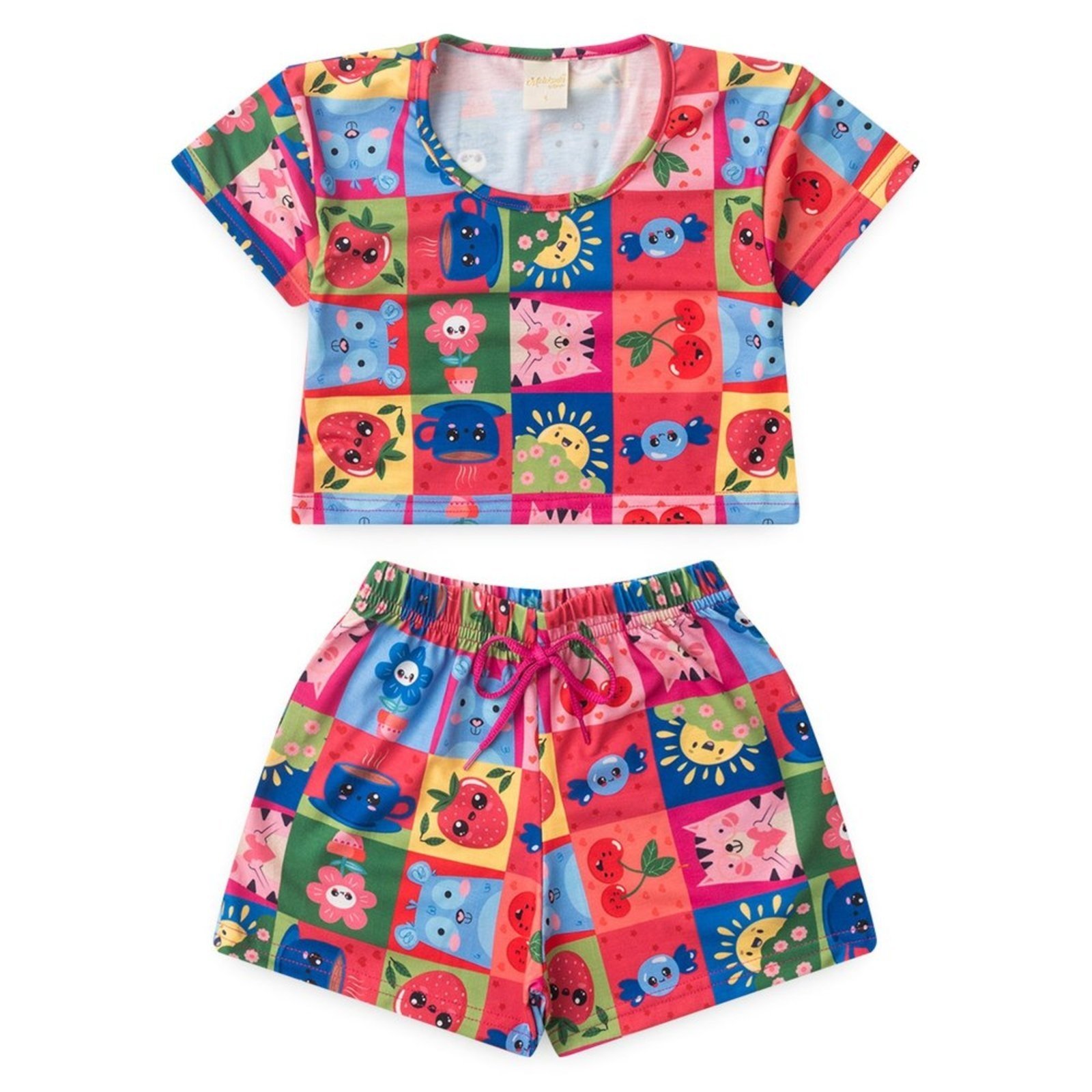 Vista 3 Infantil - Conjunto Verão Menina Pink Cropped e Shorts com Cadarço Mix de Fofura Molekada rosa pink Molekada rosa pink