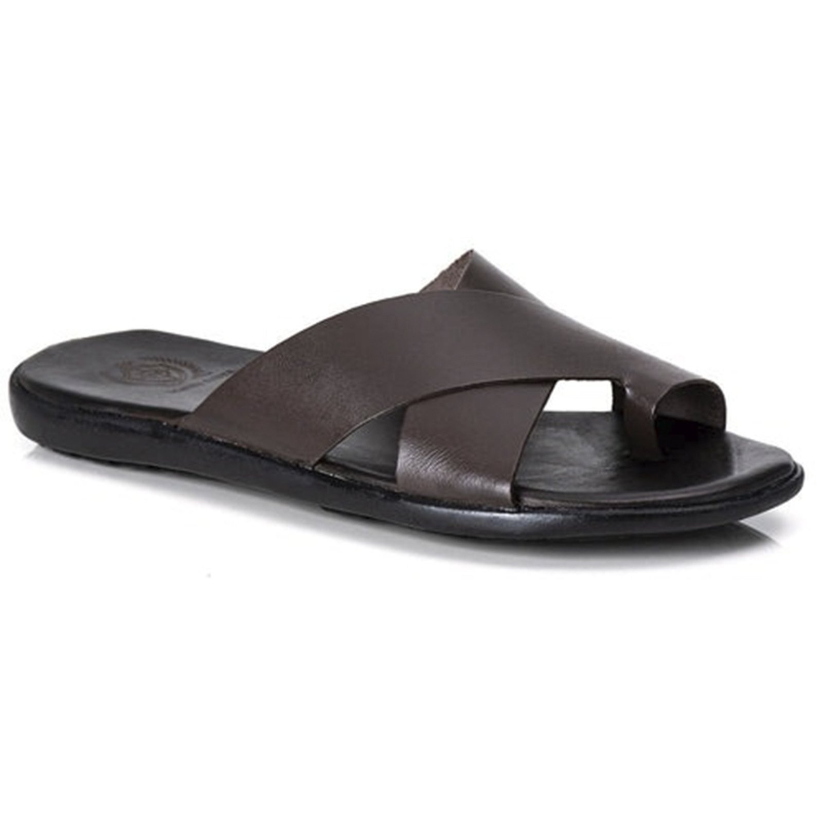 Chinelo Masculino em Couro Sandalia de Dedo Costurado Conforto Macio Ortopédico Ergonômico Café