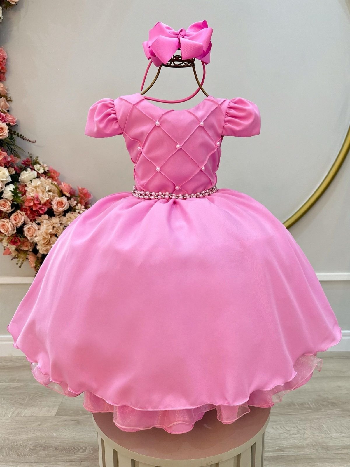 Infantil - Vestido Menina Juvenil Festa Rosa Chiclete Pérolas Formatura Casamento Juvenil Princesa Social Rodado Florista Dama Daminha Aniversário Luxo