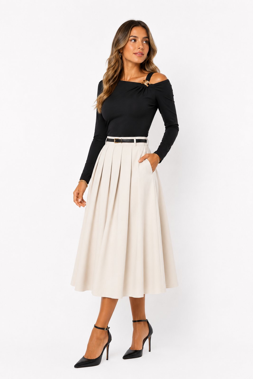 Saia Midi D Bell Outlet Fashion Evasê Com Pregas Off White