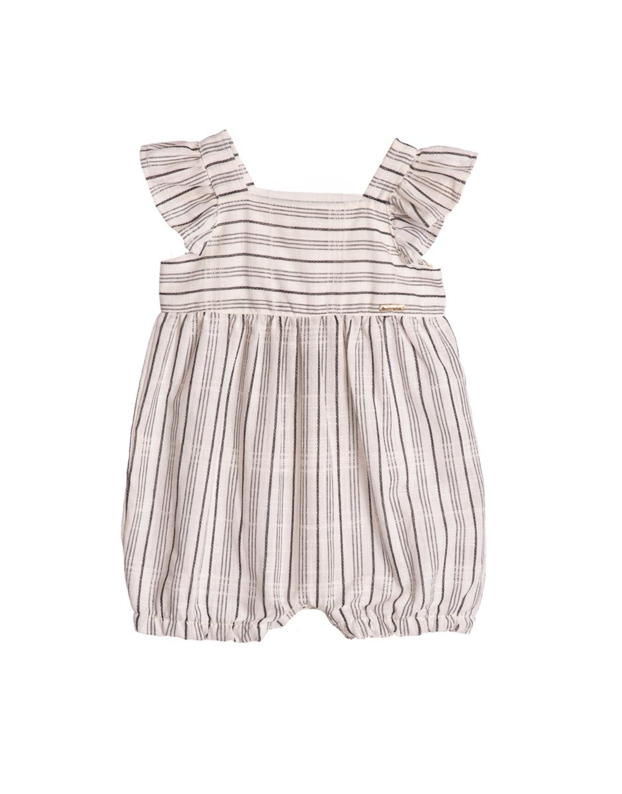 Infantil - Macacão curto tecido off-white com listras pretas fio tinto