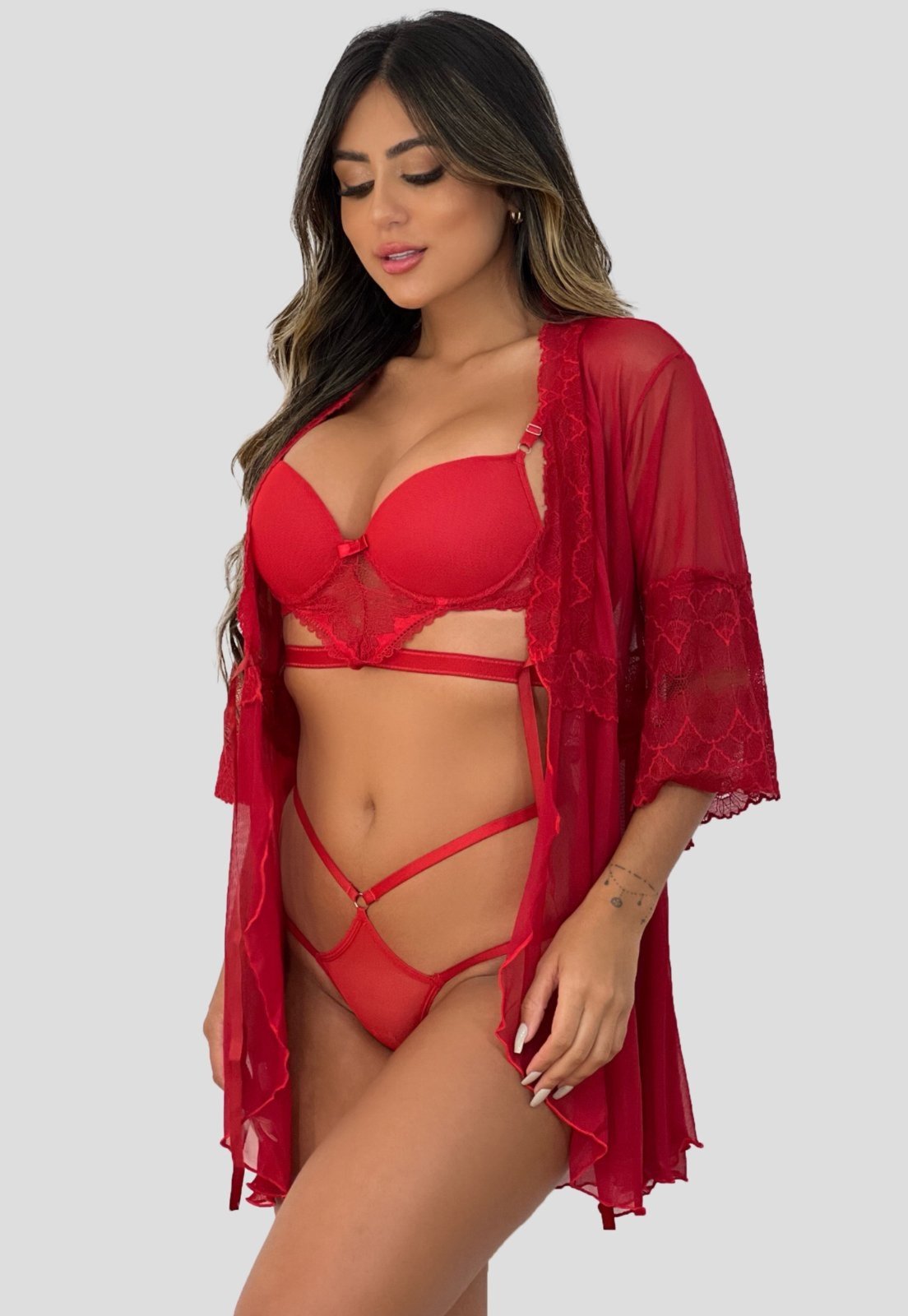 Kit Robe De Tule + Conjunto Lingerie Com Bojo Strapy Sensual Vermelho