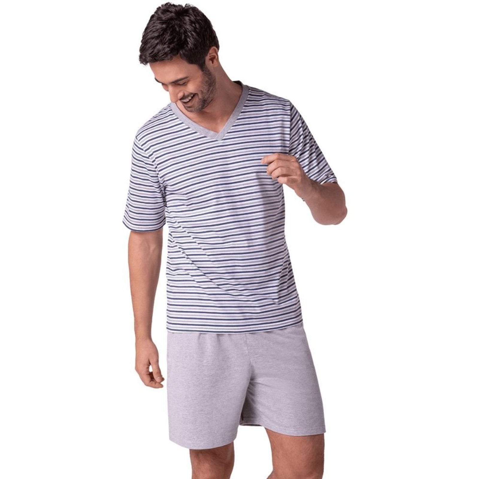 Pijama Curto Gola V Listrado Lupo Adulto Masculino 28021-001