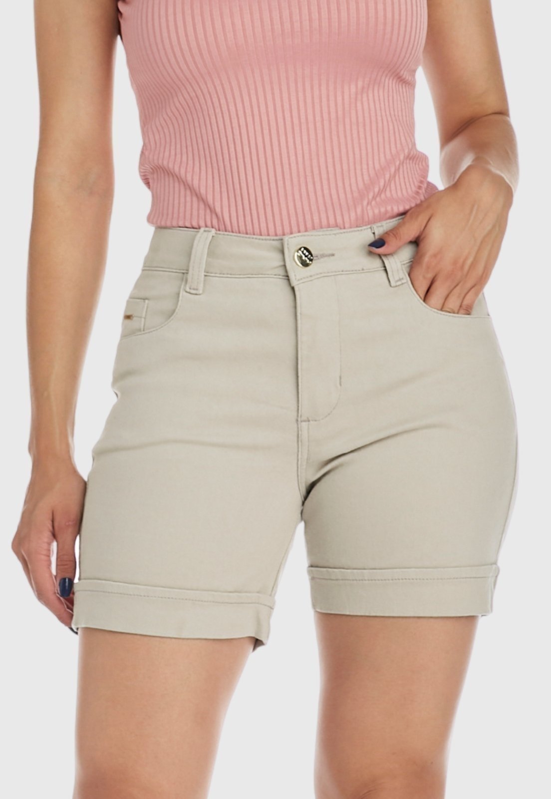 Shorts Jeans HNO Jeans Meia Coxa Cintura Alta Bege
