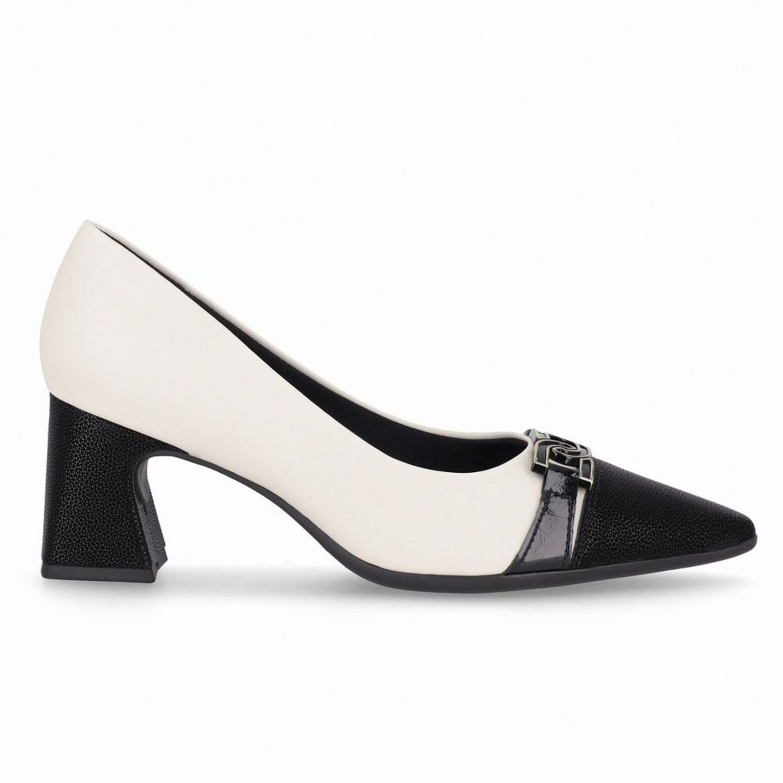 Vista 2 Scarpin Irene Salto Alto Off White com Preto Piccadilly branco white Piccadilly branco white