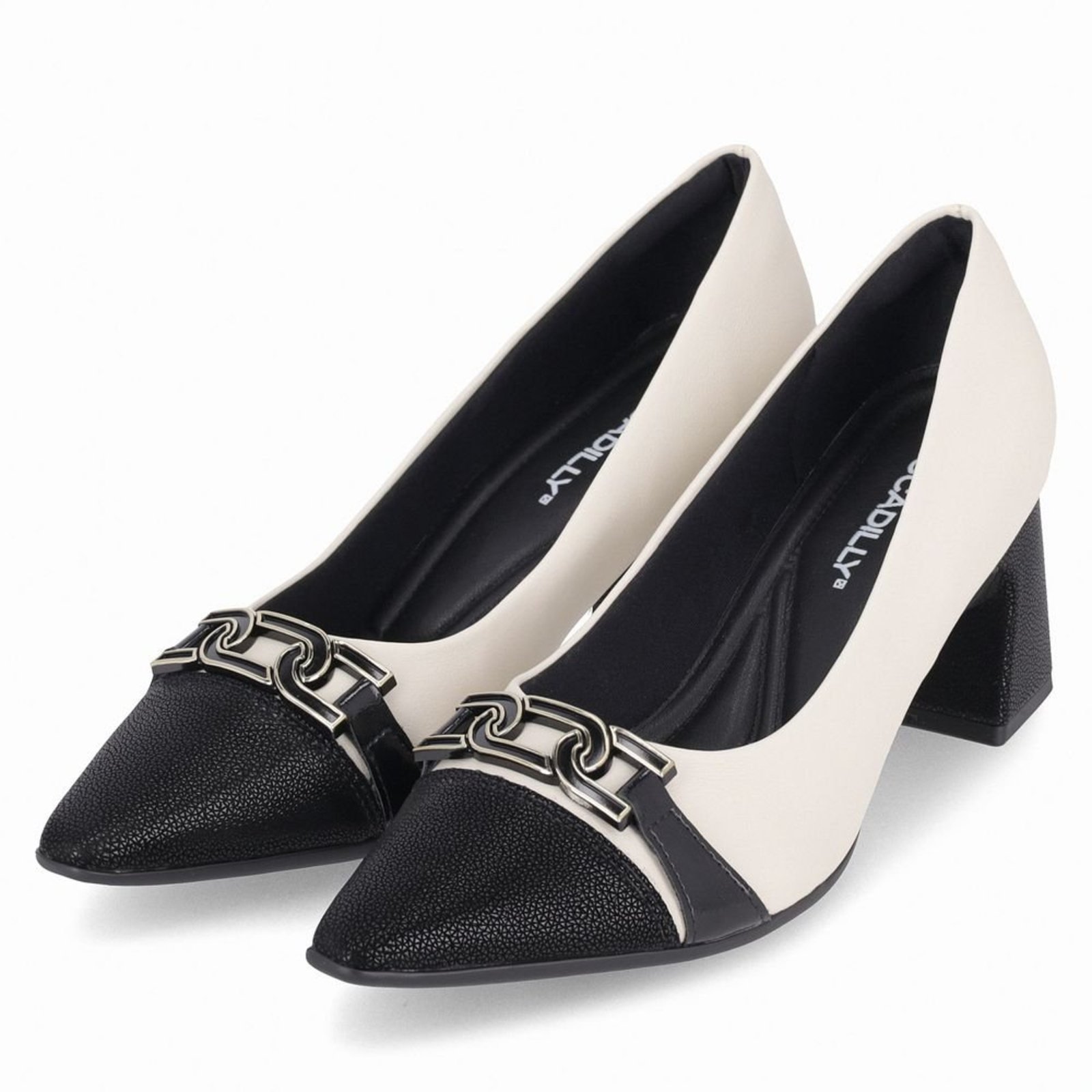 Vista 3 Scarpin Irene Salto Alto Off White com Preto Piccadilly branco white Piccadilly branco white