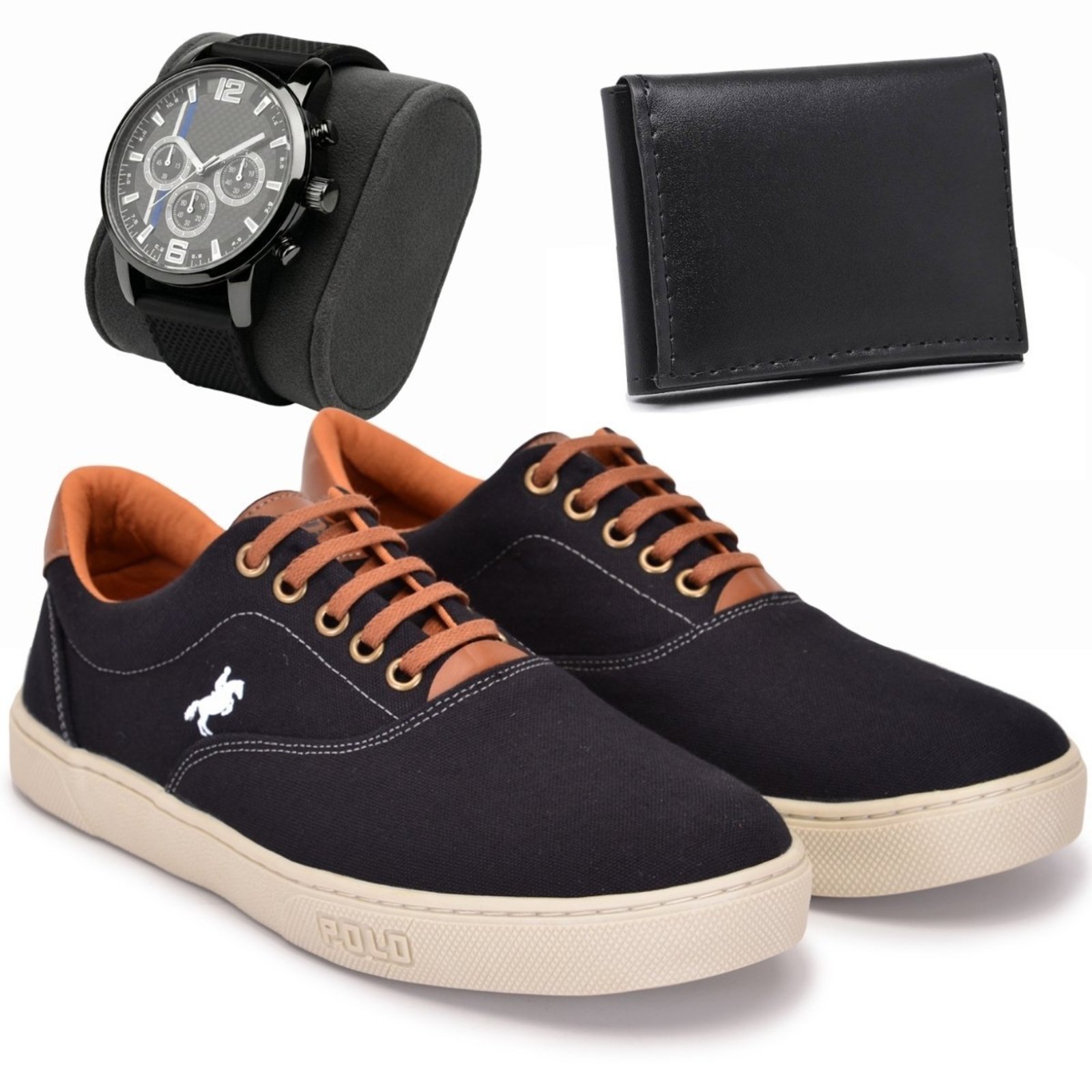 Tênis Masculino Sneaker Sapatênis Casual Polo White Casual + Relógio com Carteira Confortável Preto