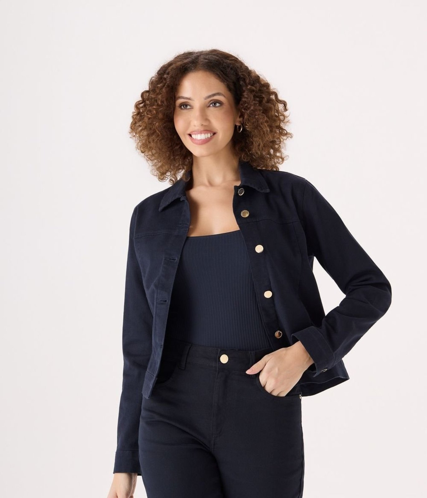 Jaqueta Makenji Sarja Dois Bolsos Frente Feminina Azul Marinho