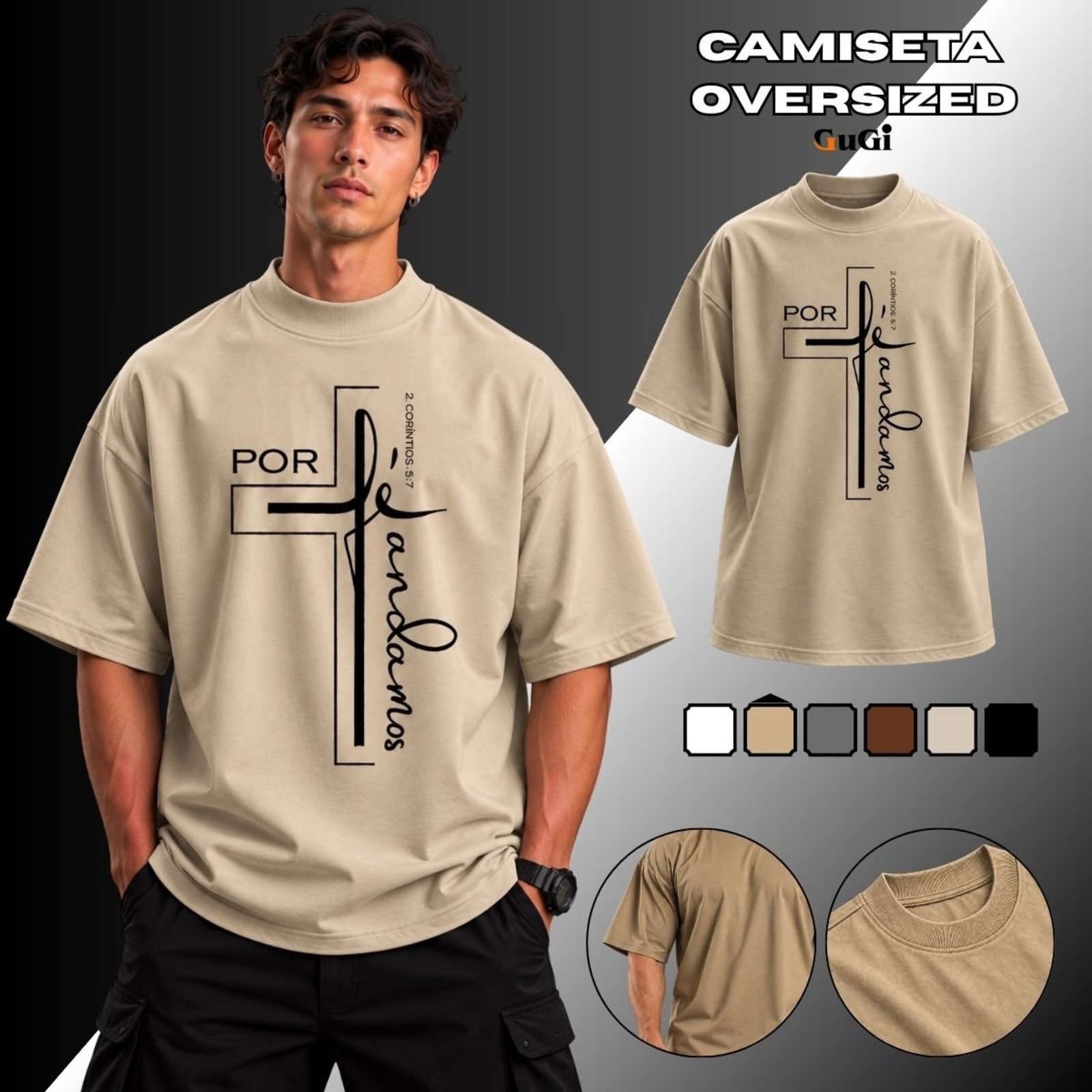 Camiseta Masculina Oversized Por Fé Andamos 100% Algodão 30.1 Caqui