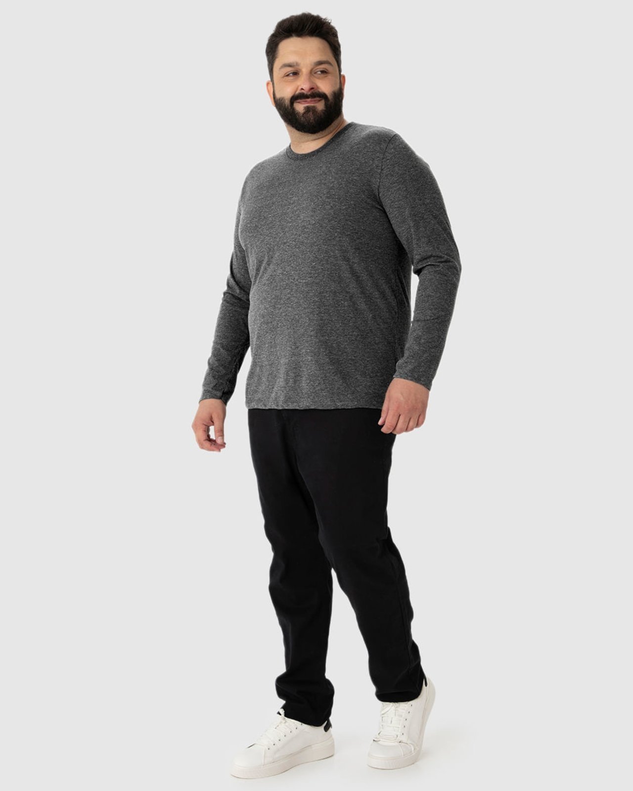 Camiseta Básica Masculina Plus Size Manga Longa Em Meia Malha