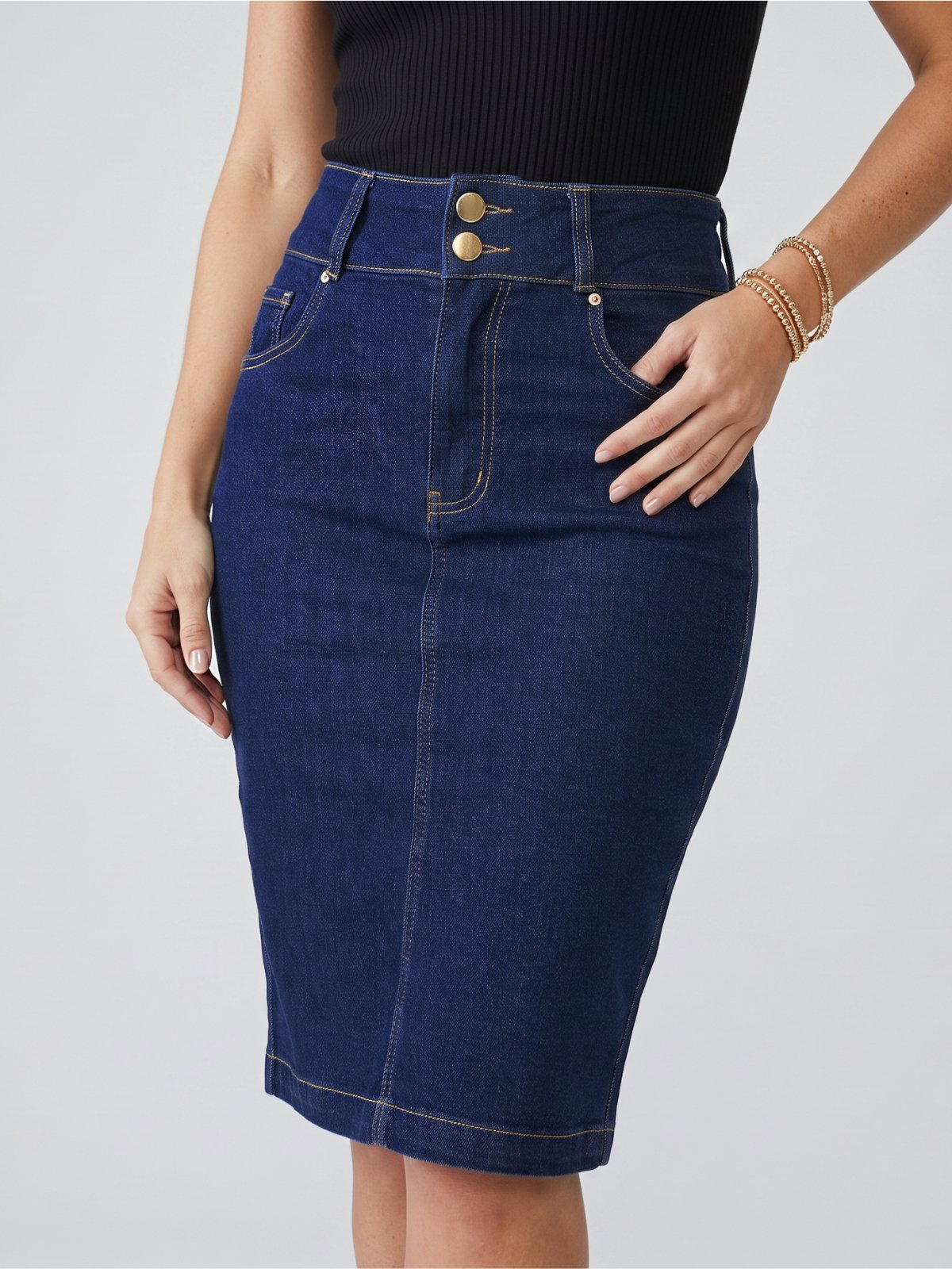 Saia Evangélica Jeans Escuro Azul Cintura Alta Reta Midi Com Botões