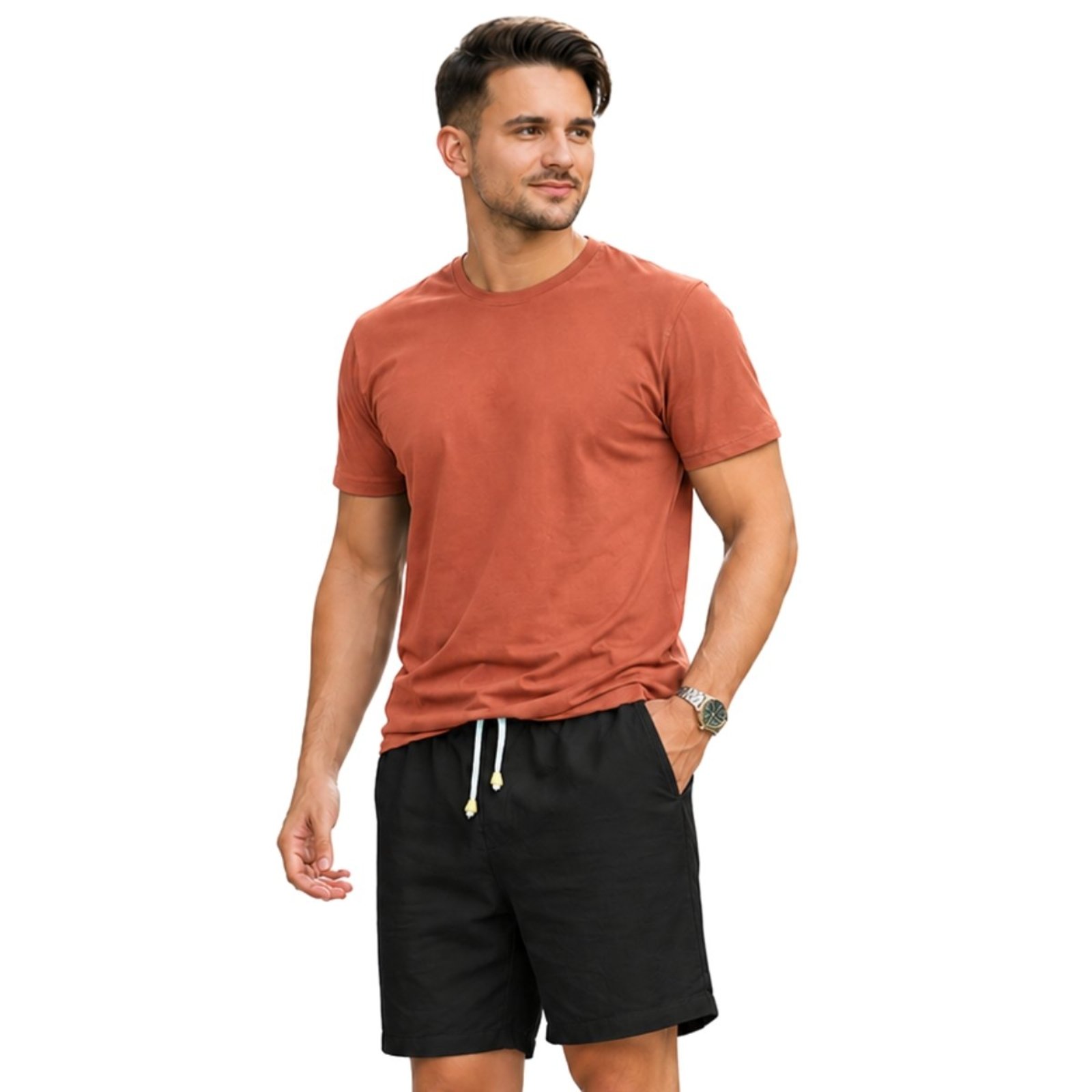 Conjunto Short Masculino Bermuda Linho Premium + Camiseta Basica Moda Sofisticada