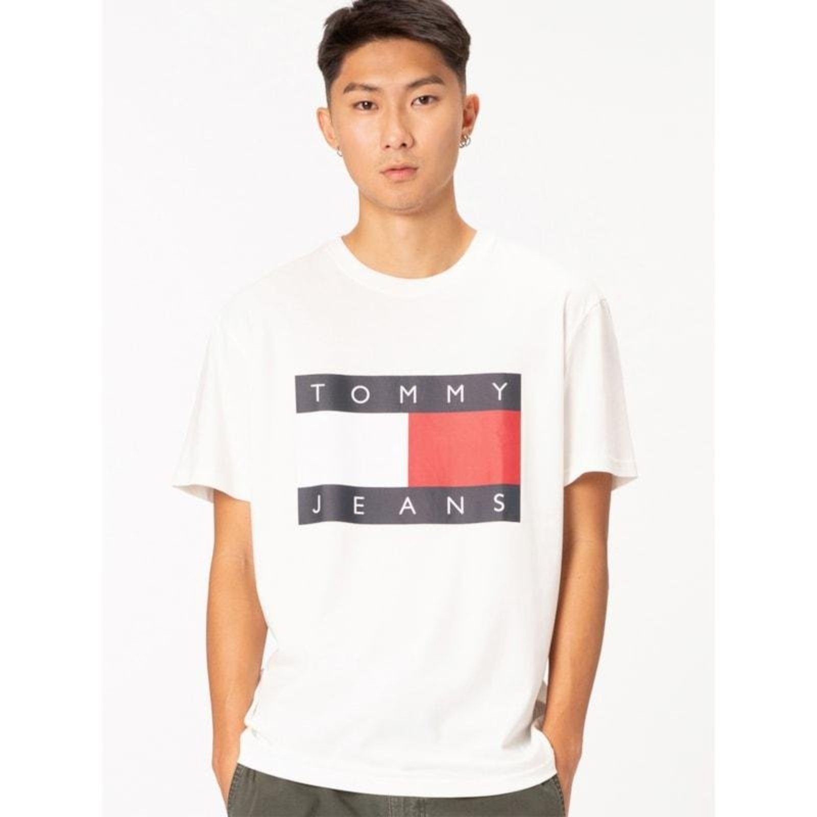 Camiseta de Gola Redonda com Emblema da Bandeira Branco