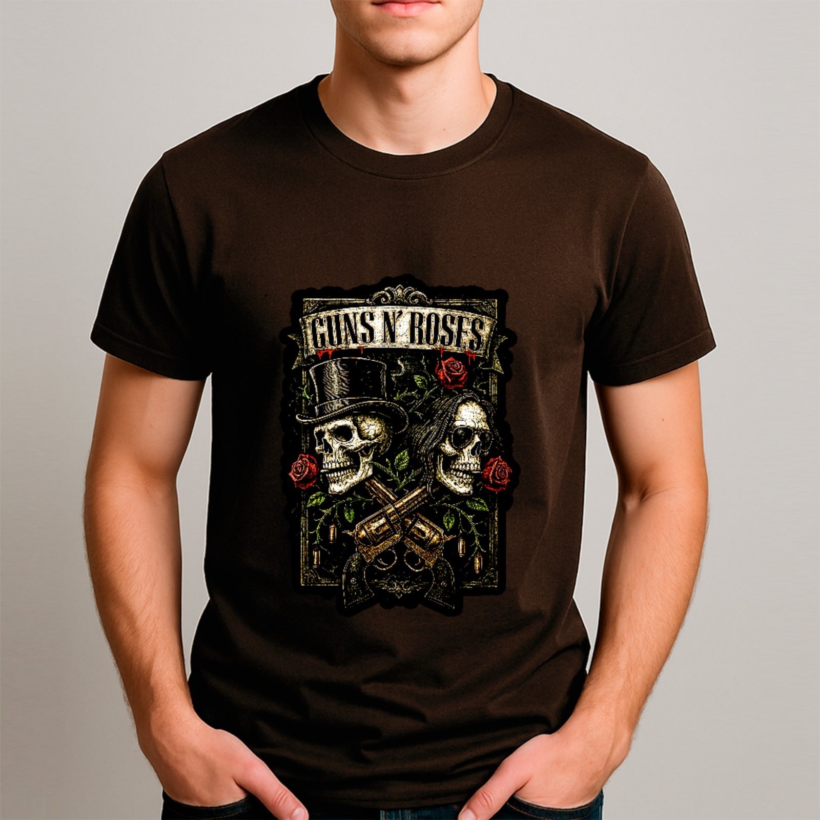 Camiseta Básica Rock Vintage Icônico Guns N Roses Unissex Marrom