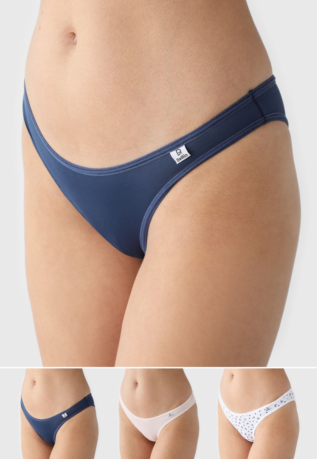 Kit 3pçs Calcinha DelRio Tanga Em Microfibra Azul-Marinho