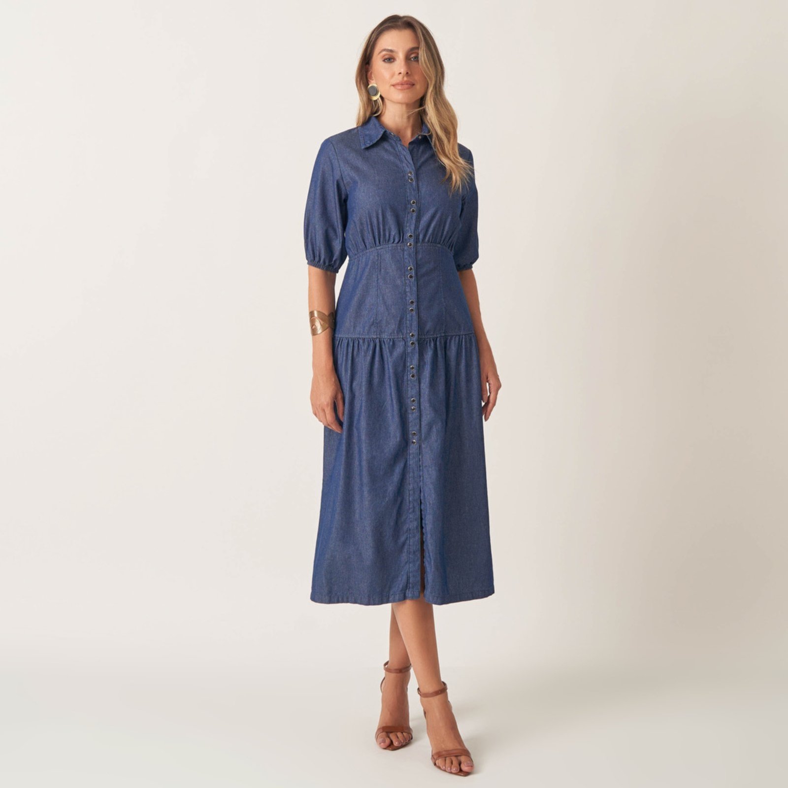 Vestido Jeans Leve Cintura Marcada Franzida