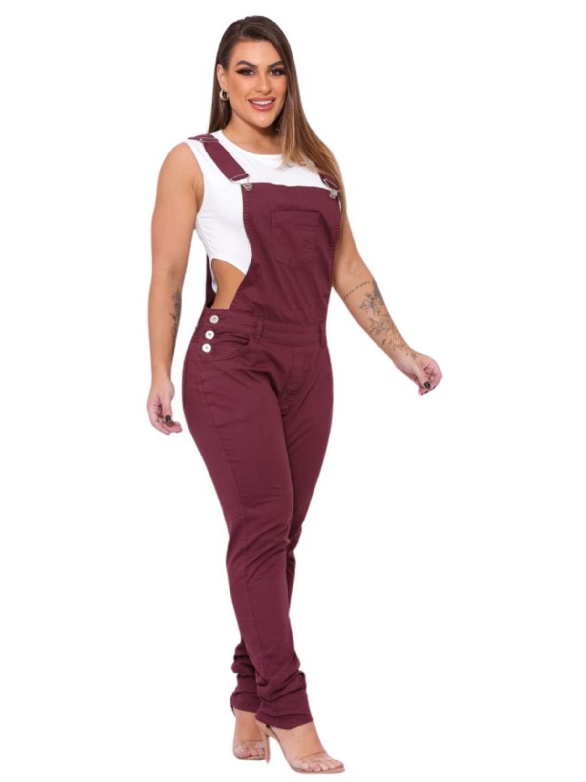 Vista 2 Macacão Feminino Jeans Light Jardineira vinho JEANS LIGHT vinho