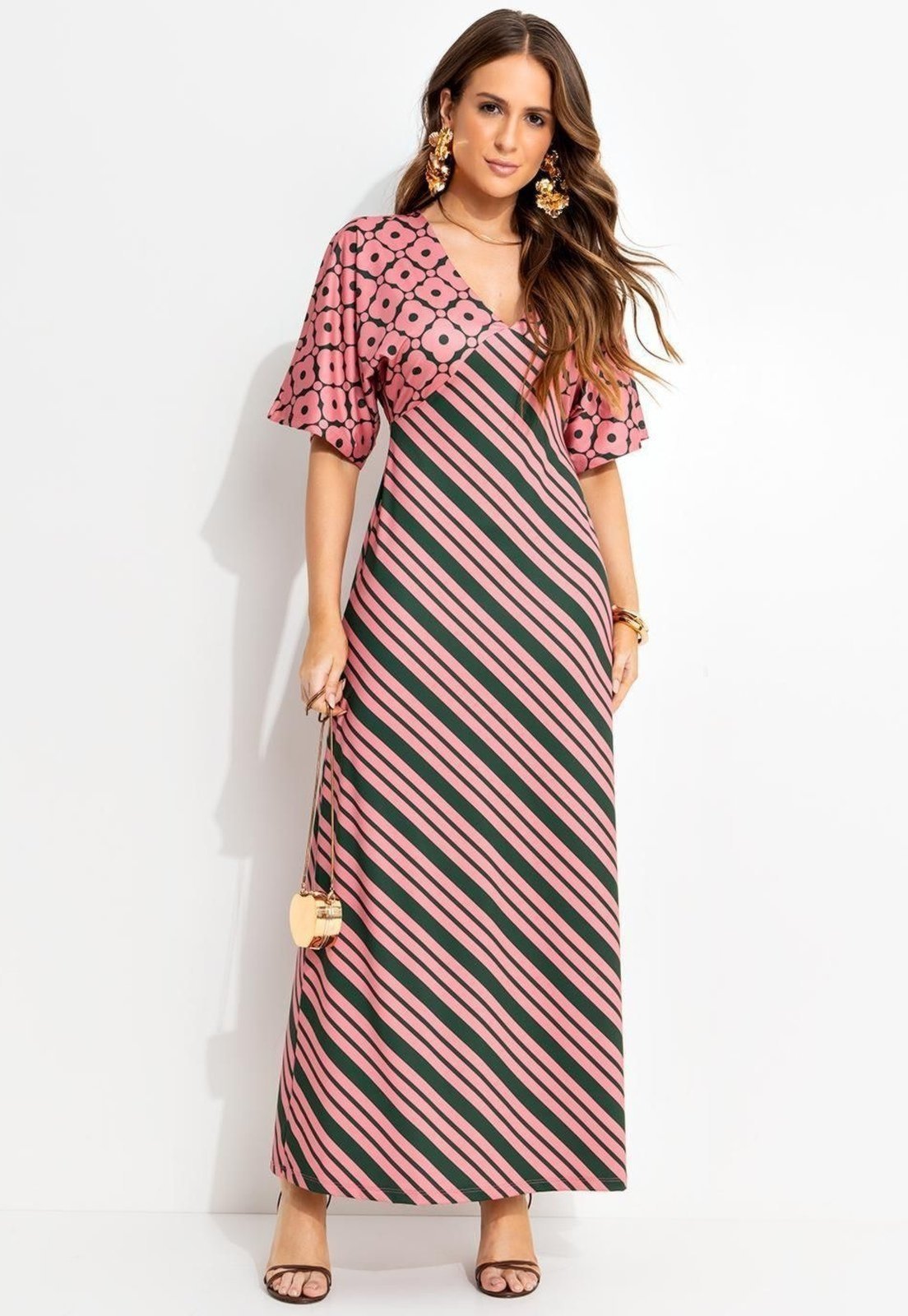 Vista 3 Vestido Em Malha Fria Listrado Bicolor Quintess rosa Quintess rosa