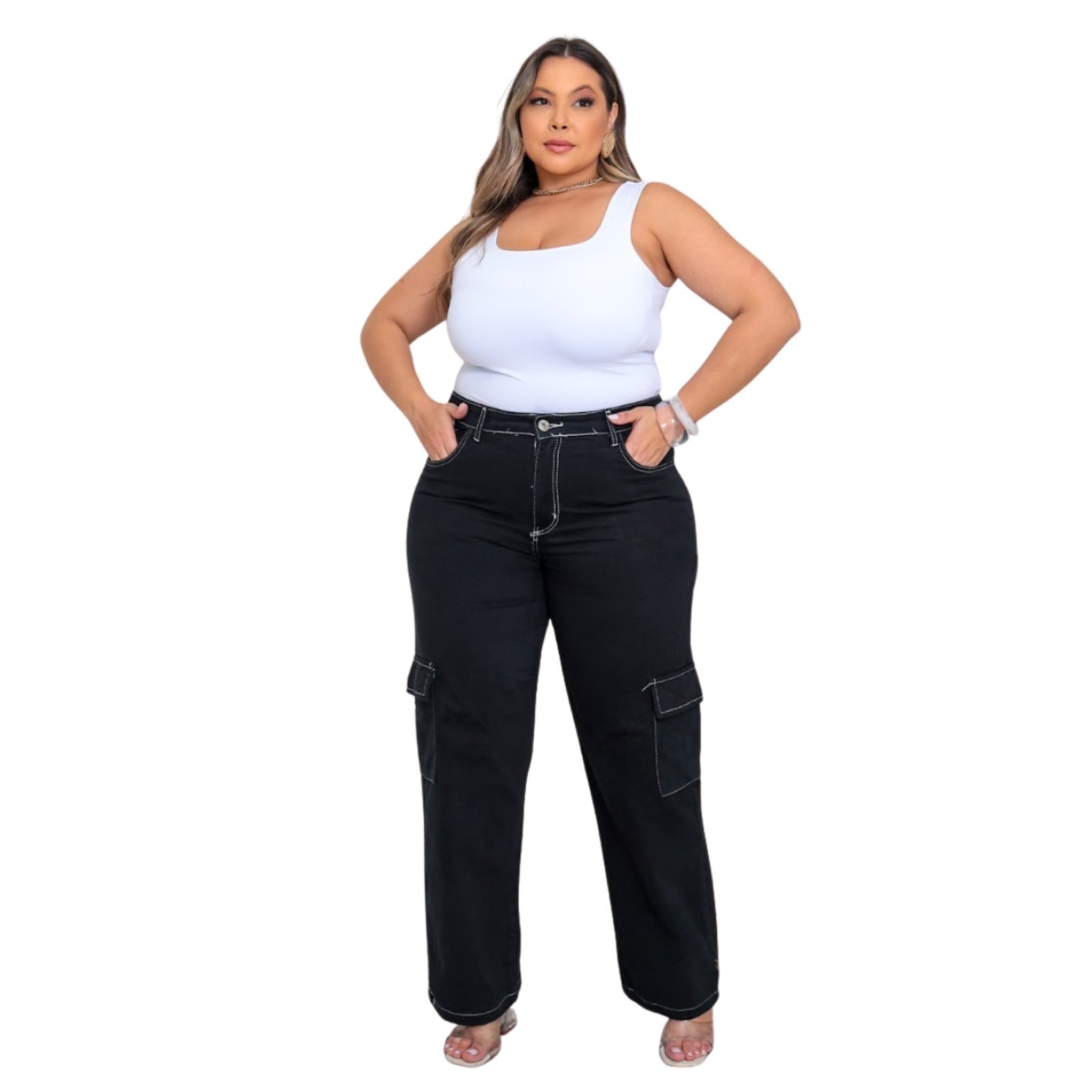 Calça Feminina Jeans Light Cargo Plus Size Preto Linha Invertido Branco