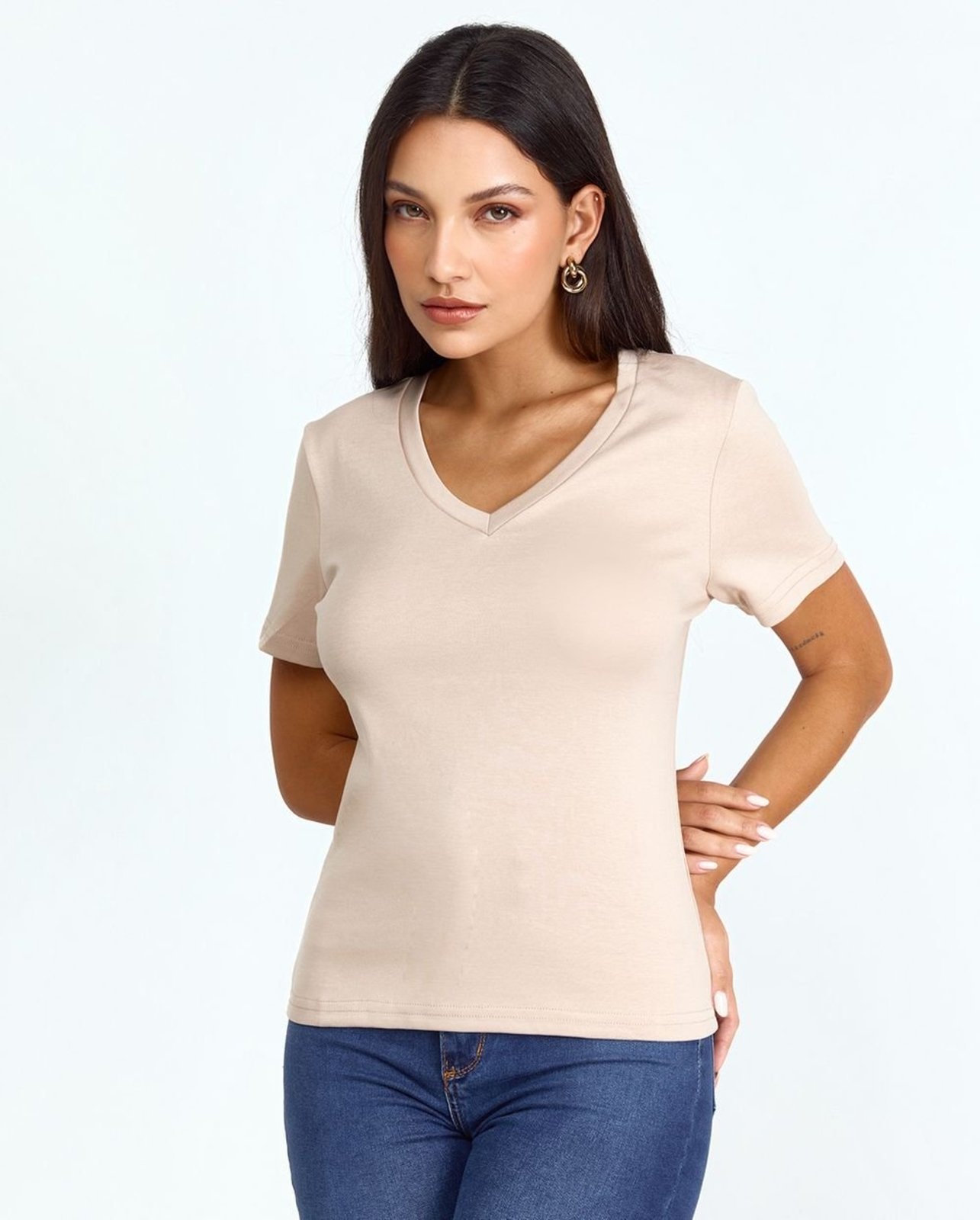 Baby Look Gola em V Feminina Premium 90296 Bege Consciência
