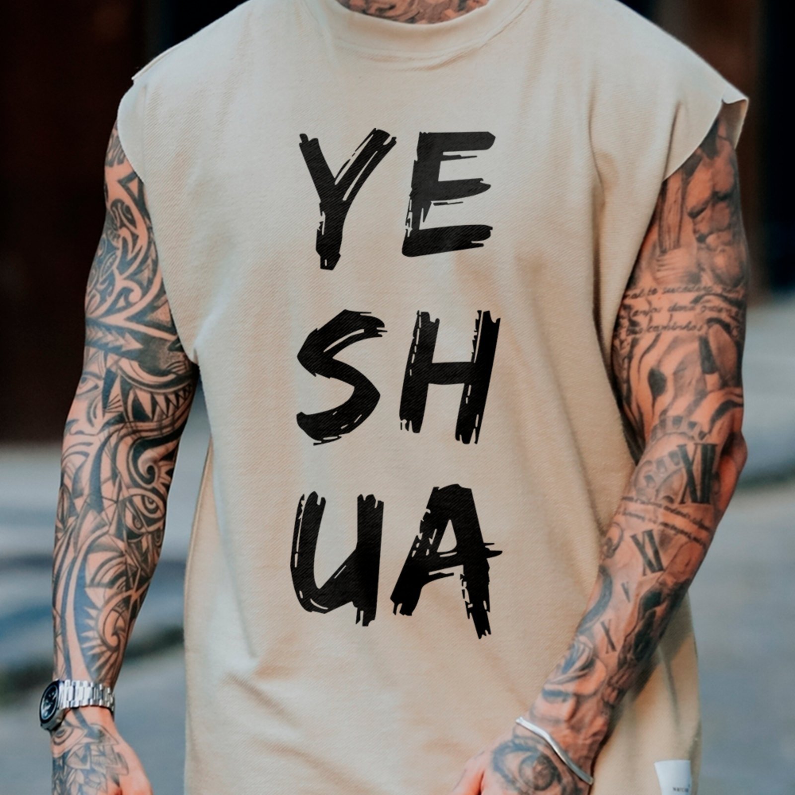 Camiseta Regata Machão Gospel Yeshua Nome Jesus Hebraico Fé Cristã Off White