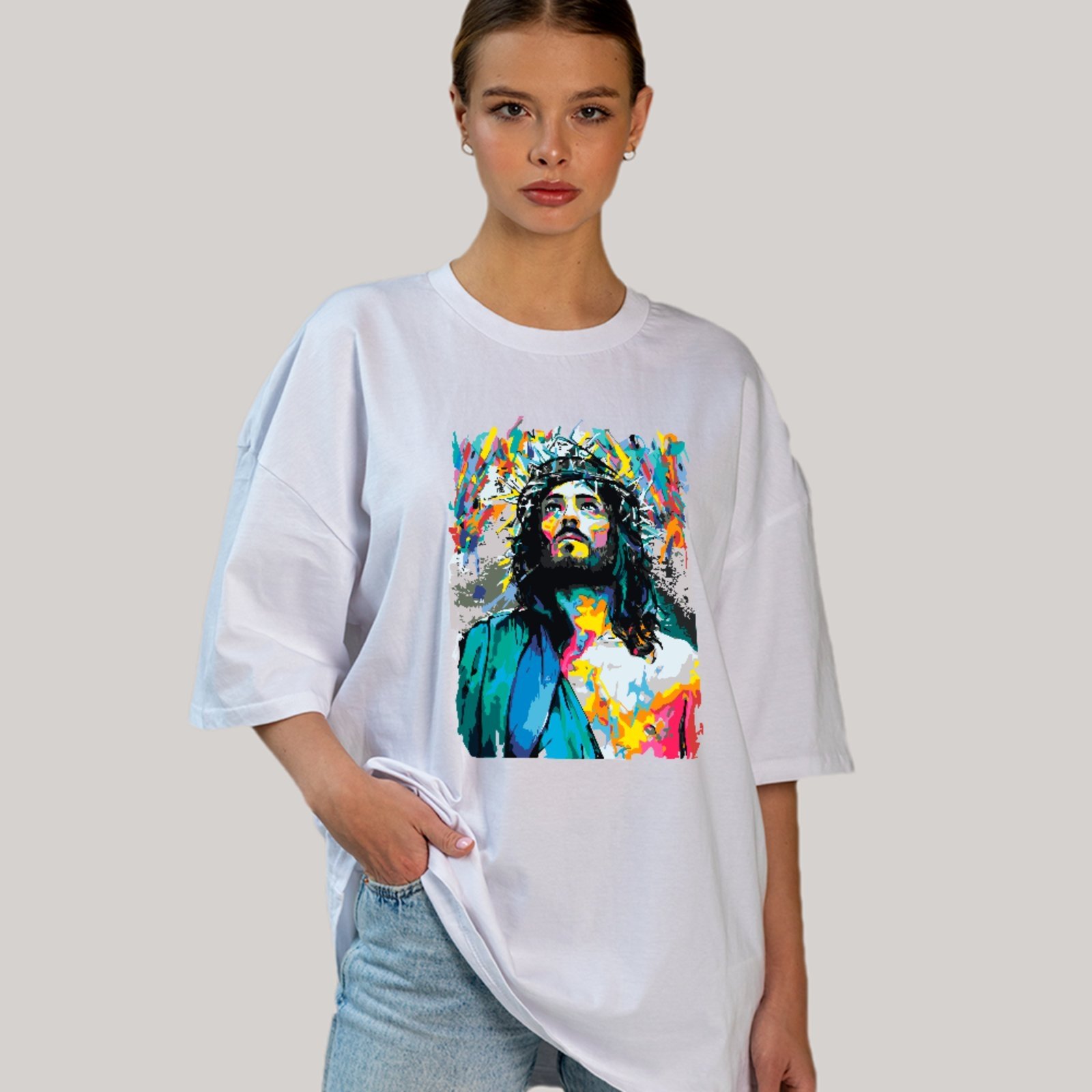 Camiseta Ousy Cristã Oversized Fé e Gratidão Unissex Branco