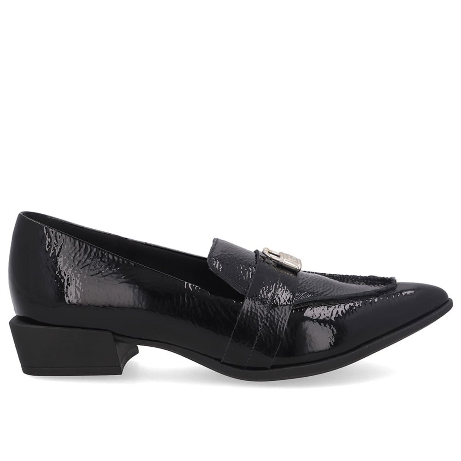 Loafer Couro Preto Bico Fino Enfeite Cadeado