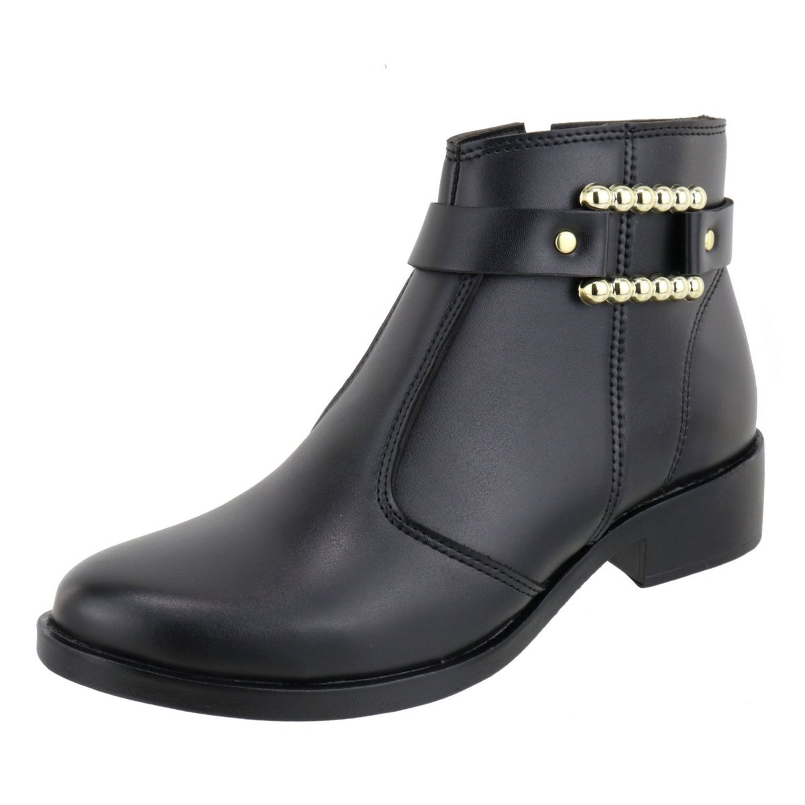 Bota Cano Baixo Detalhe Dourado Calce Facil Basica Confortavel Macia Agnes Veronez Preta