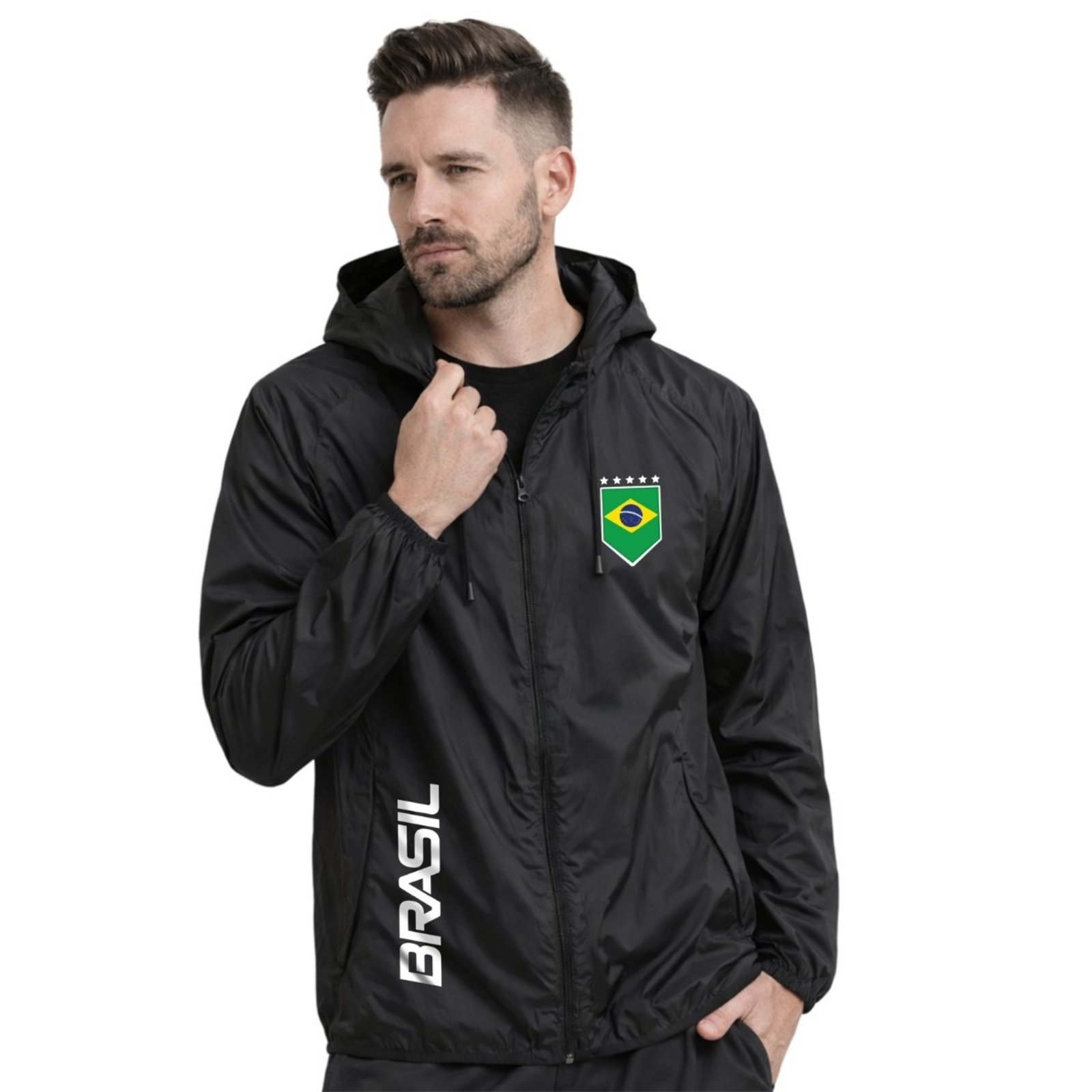 Jaqueta Corta Vento Impermeável Masculino Leve e Confortável Estilo Casual Brasil Preto