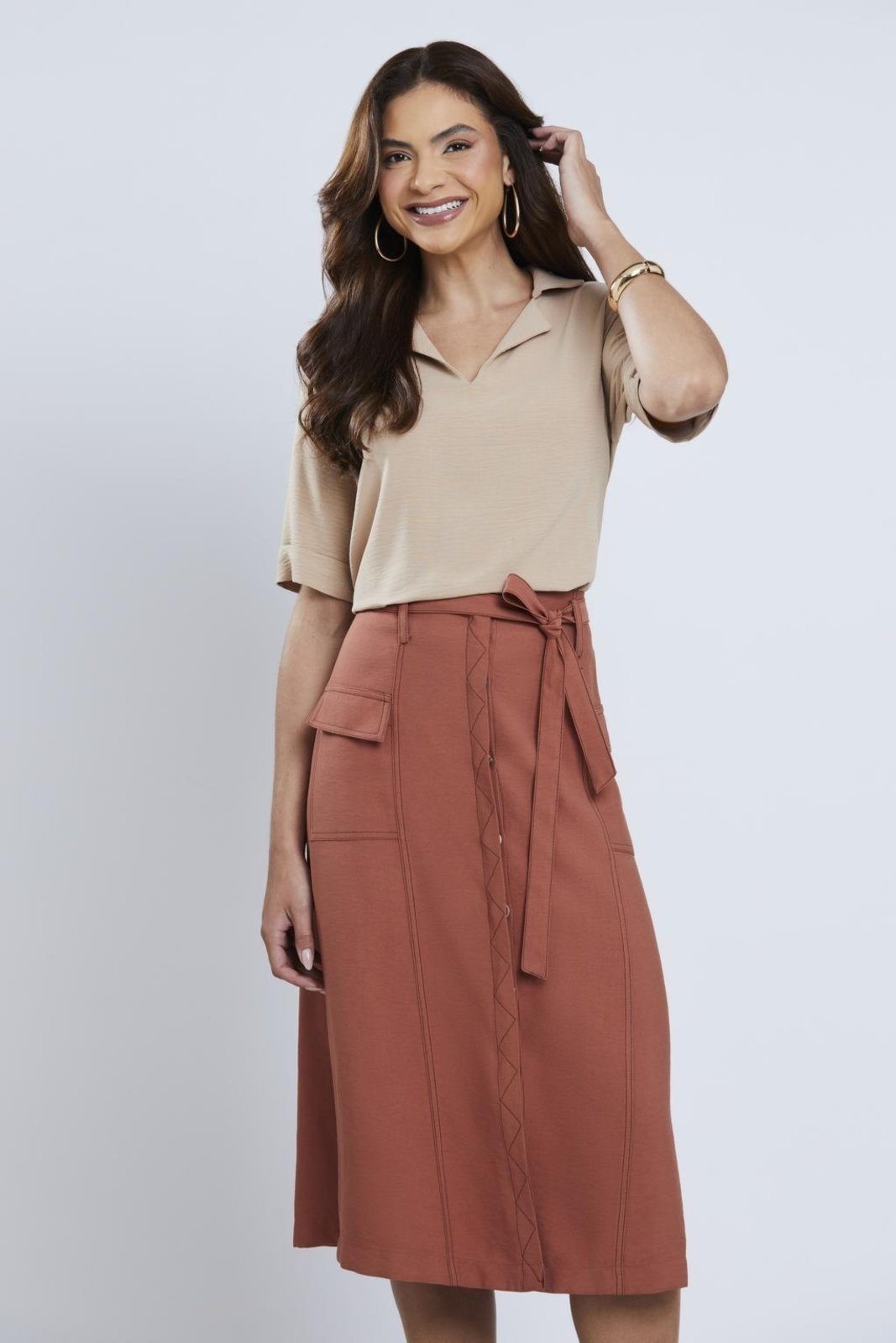 Blusa Manga 3/4 Gola V Bege