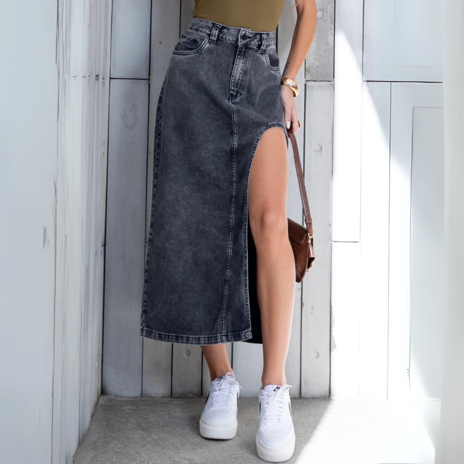 Saia Jeans Longa Com Abertura Feminina Revanche Texas