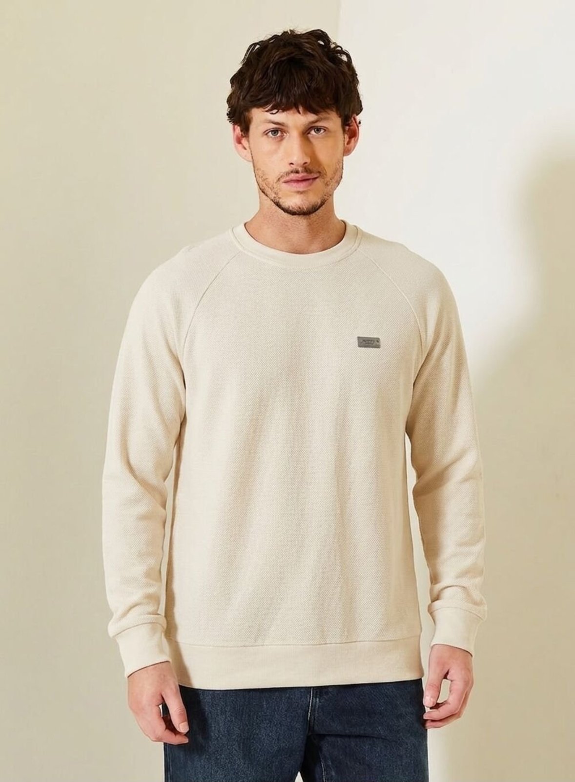 Blusão Fleece Masculino com Manga Raglan Triton Bege Gipsy