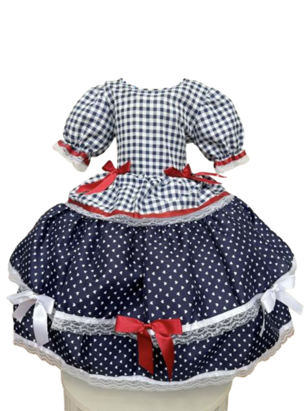 Infantil - Vestido Xadrez Festa Junina Azul Marinho Vermelho Laços Junino Caipira Quadrilha Rodado