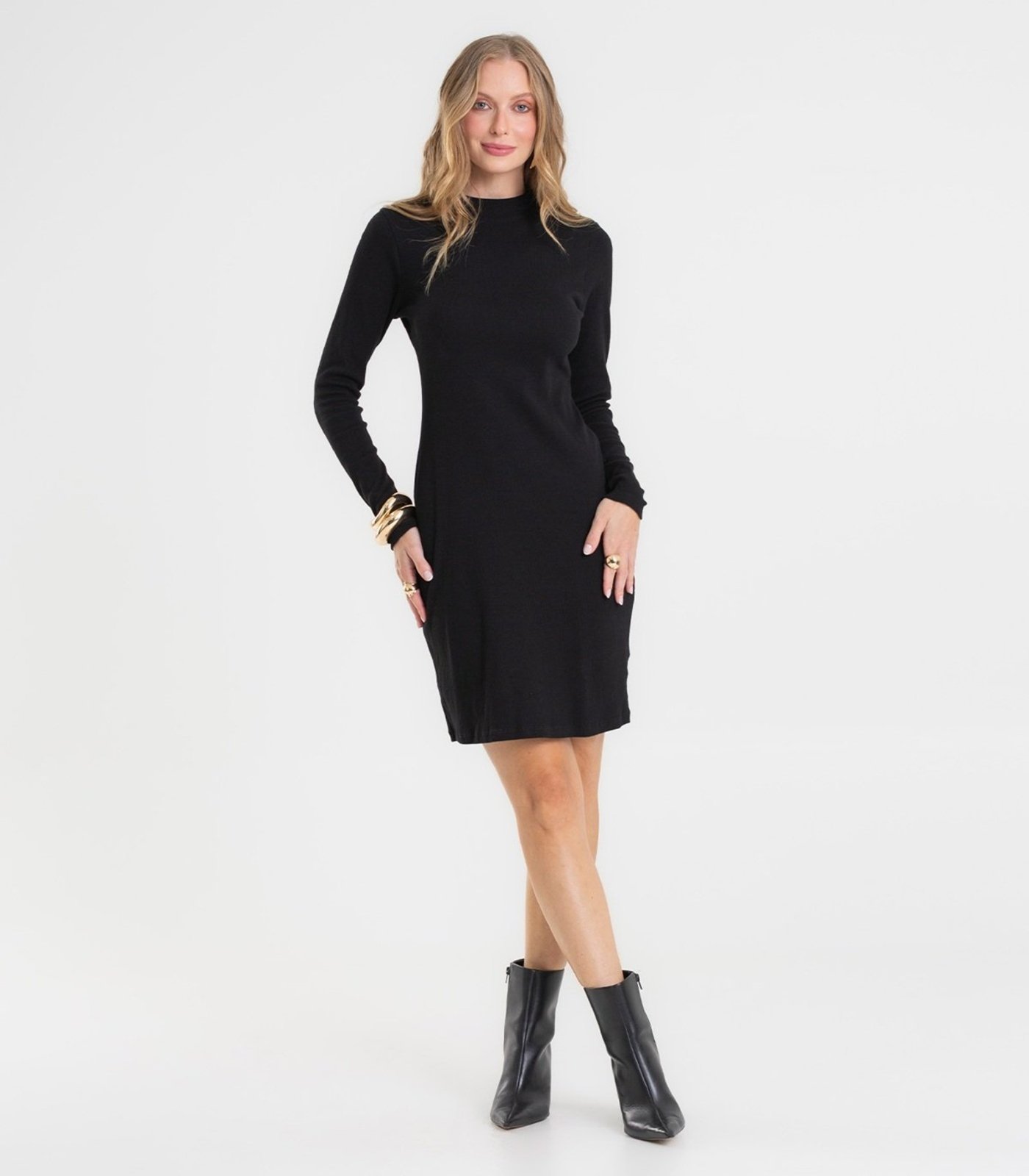 Vestido Feminino Manga Longa Ribana Básico Rovitex Preto
