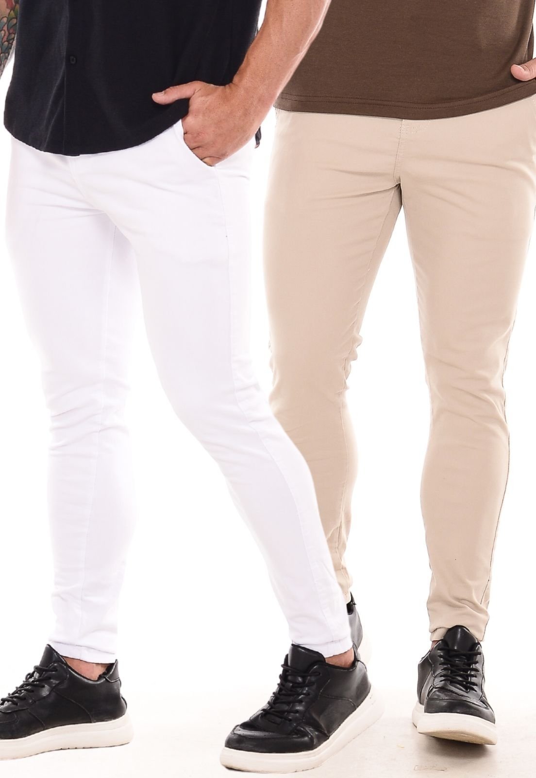 Kit 2 Calças Sarja Masculina Ethereal Jeans Confortável e Estilosa Branco e Bege