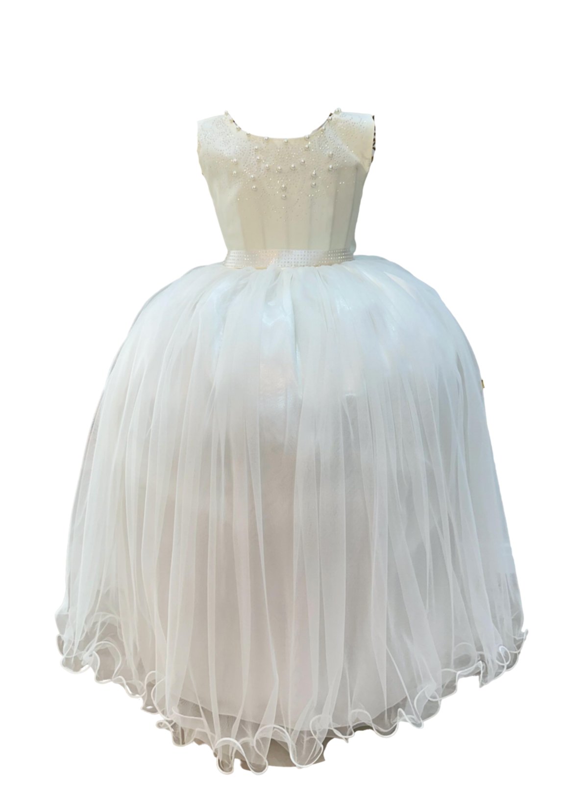 Infantil - Vestido Longo Marfim Branco Off White Festa Pérola Brilho Casamento Dama Florista Formatura