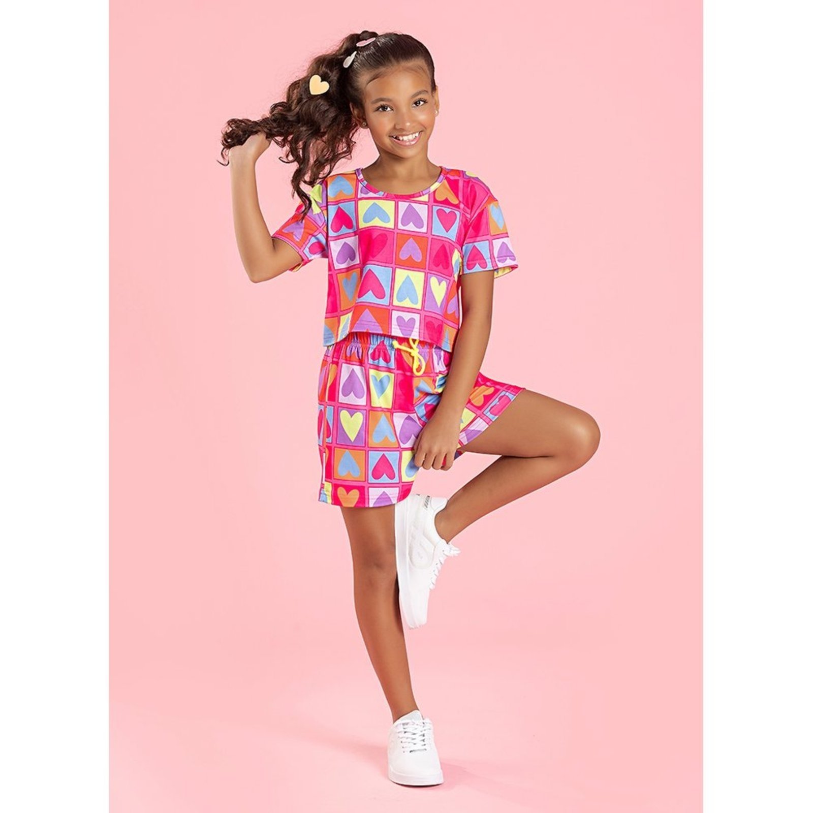 Infantil – Conjunto Verão Menina Magenta Cropped E Shorts Corações