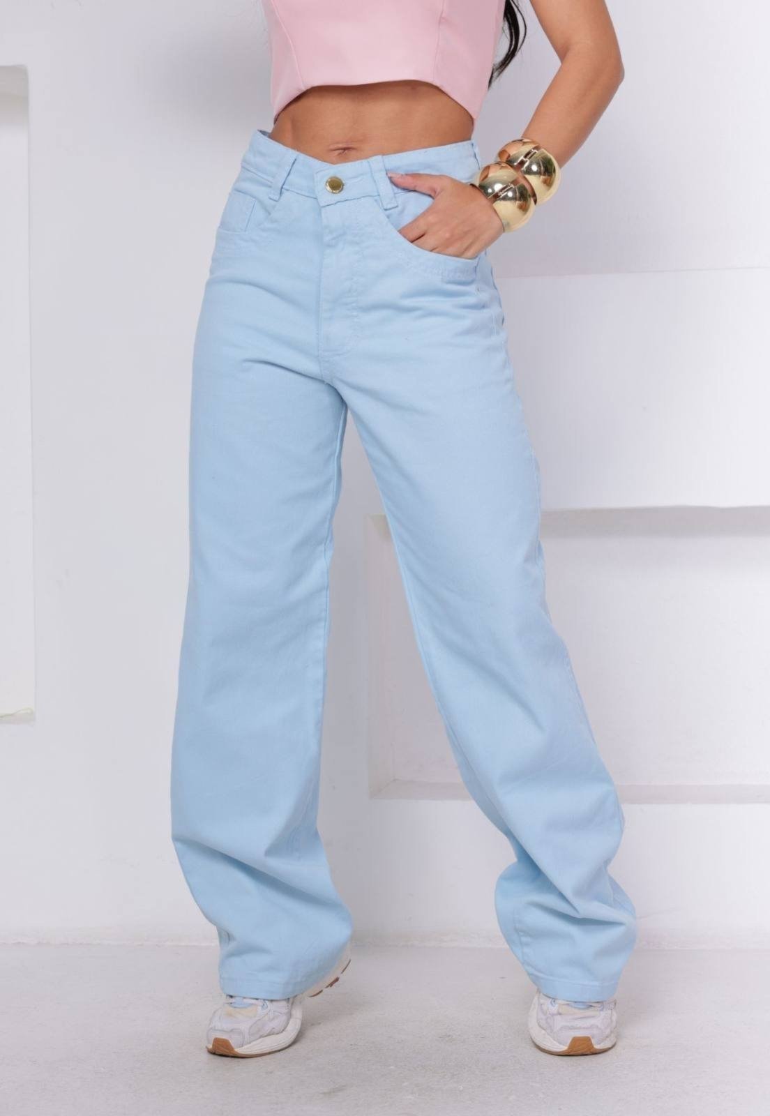 Calça Wide Leg Feminina Azul Pastel Modelagem Perfeita Tecido Premium