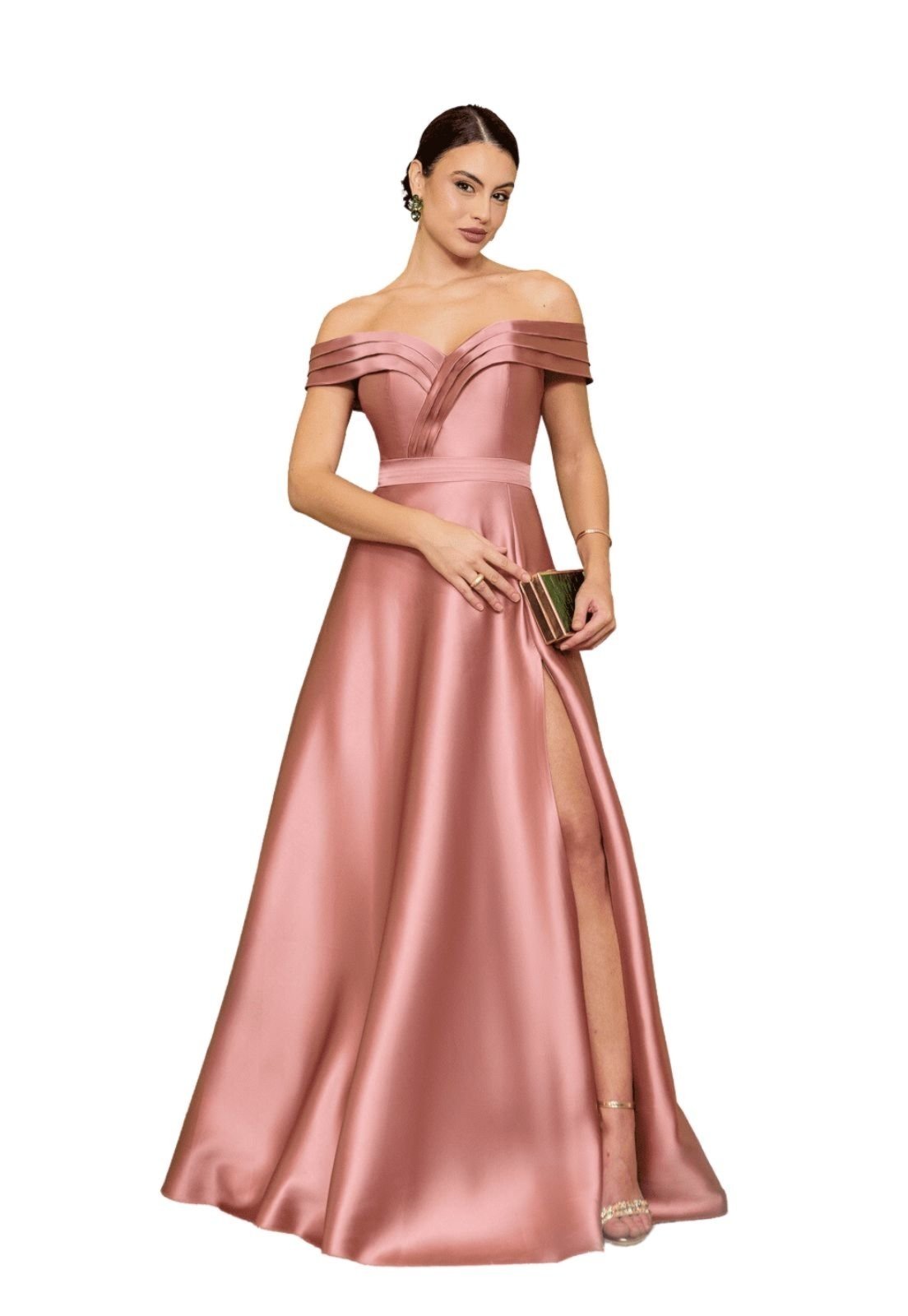 Vestido Longo de Festa Madrinhas Princesa Ombro à Ombro com Fenda Elegante Madélyn Rosê