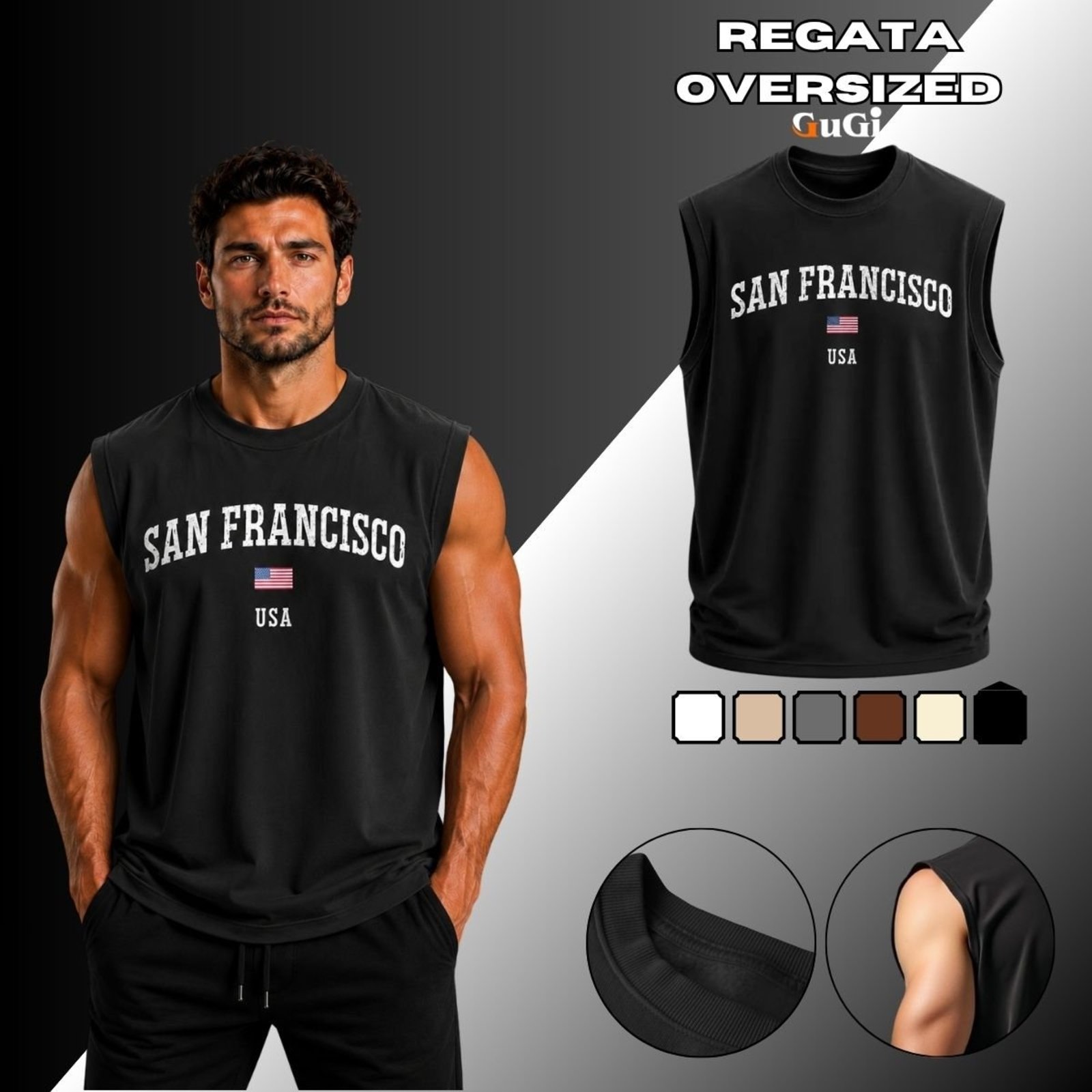 Camiseta Regata Masculina Oversized Estampada San Francisco USA 100% Algodão Preto