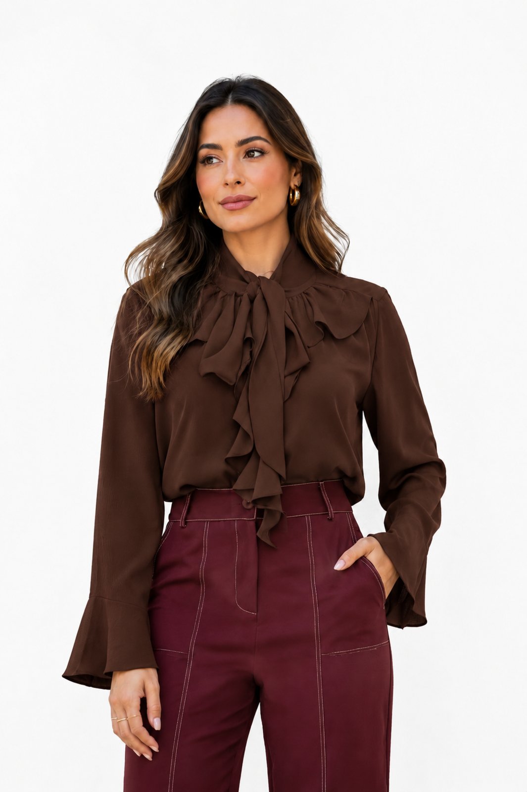 Blusa Feminina D Bell Outlet Fashion Romântica Chiffon Marrom