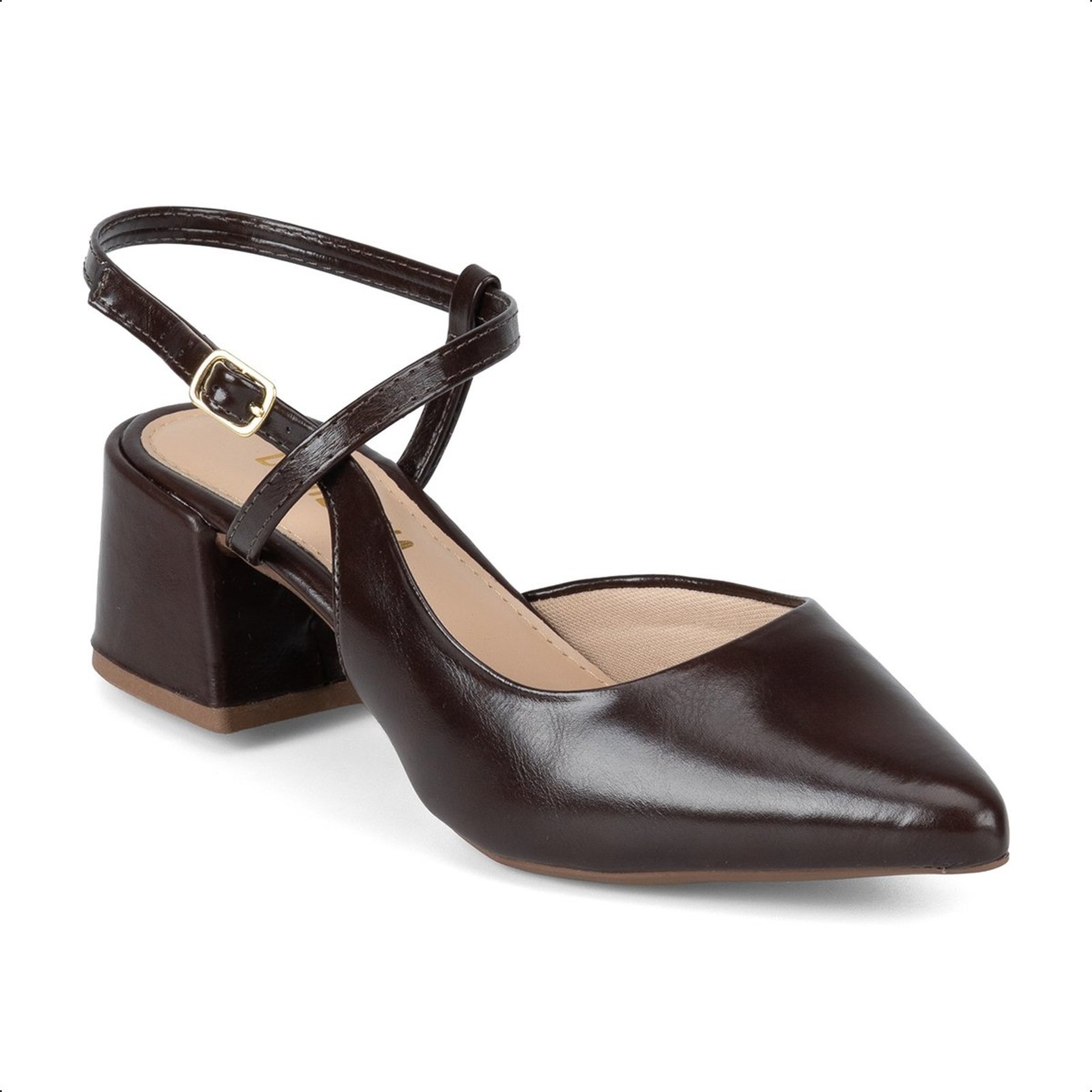 Scarpin Slingback Bico Fino Salto Bloco Baixo Domidona Social Marrom