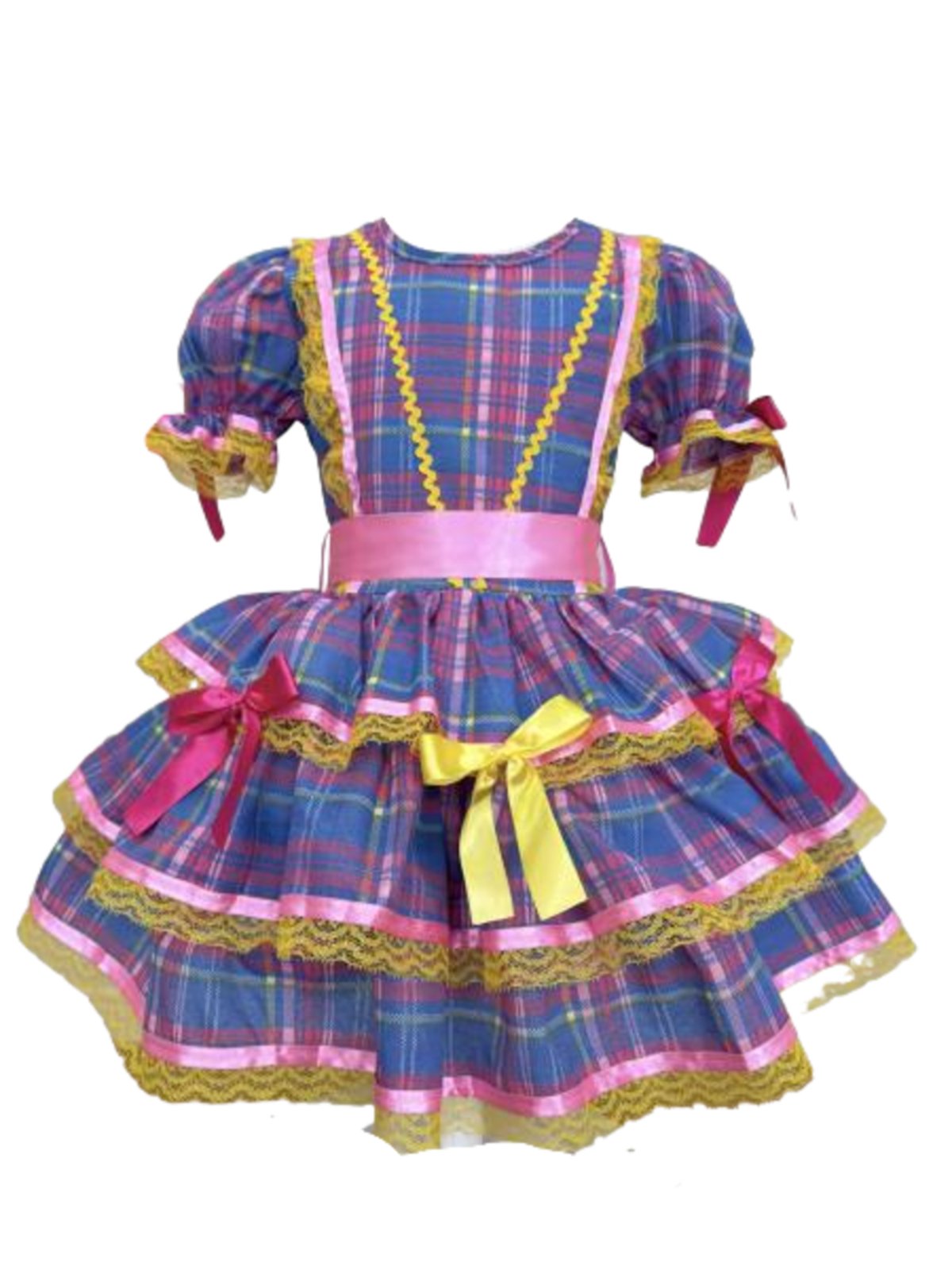Infantil - Vestido Xadrez Festa Junina Rosa Azul Junino Caipira Quadrilha Sinhá São João Babados Luxo