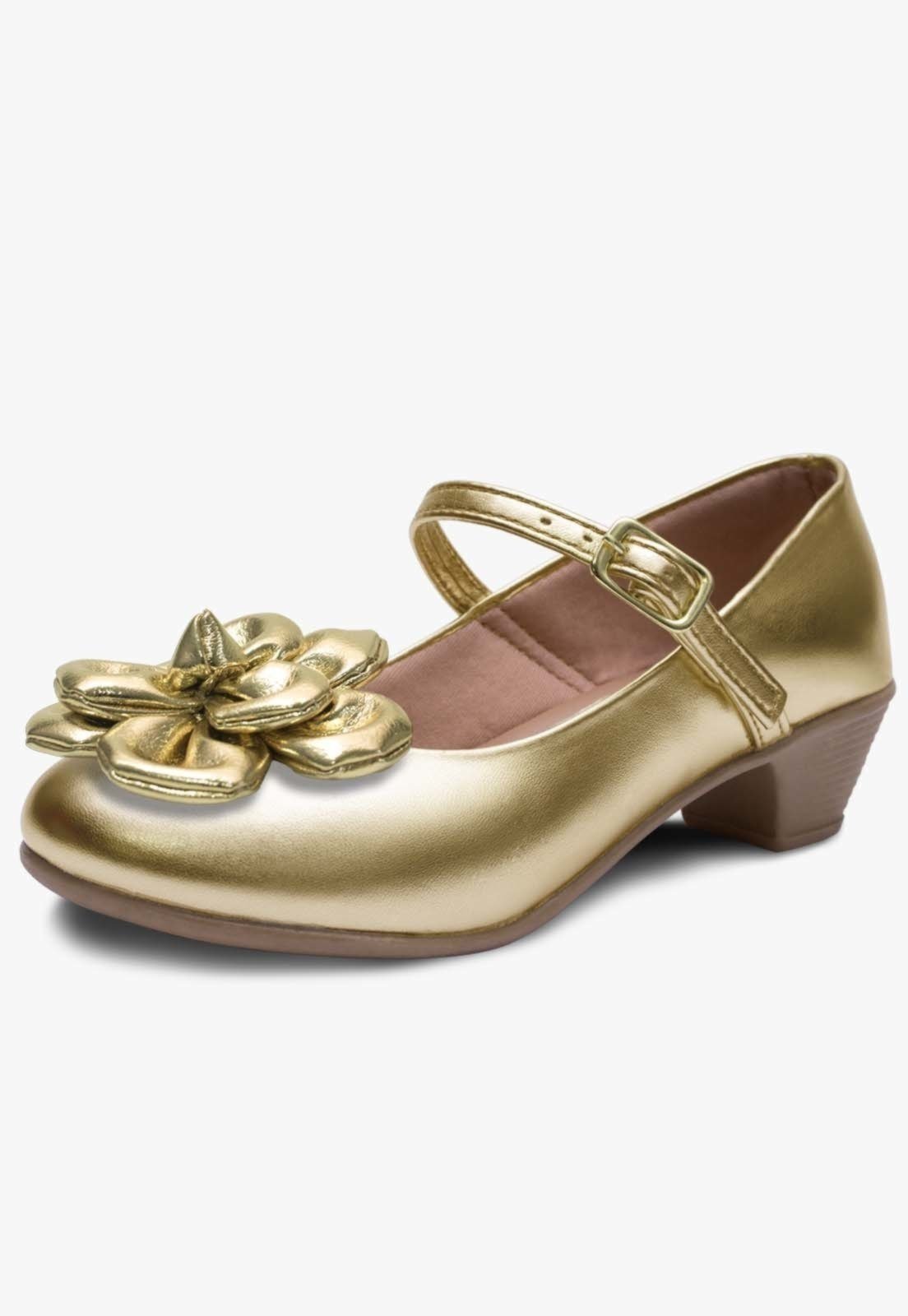 Infantil – Sapato Social Salto Pópidi Menina Petala Flor Dourado