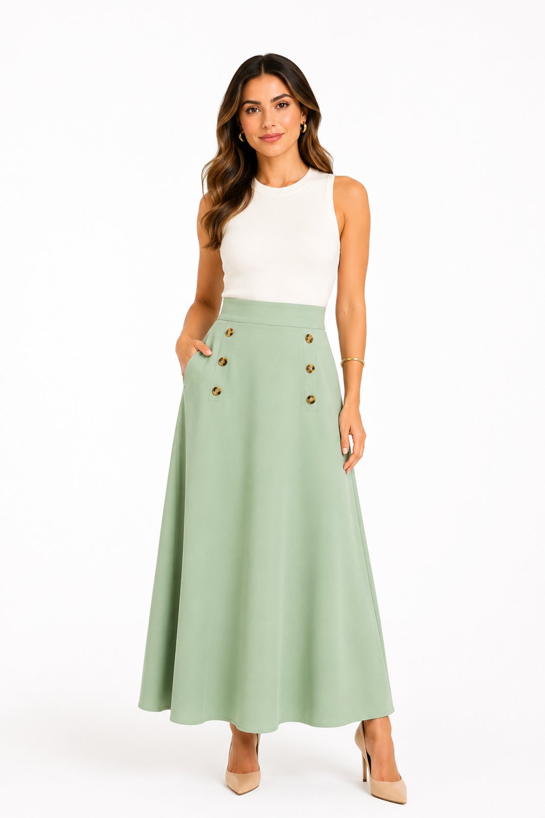 Saia Midi D Bell Outlet Fashion Botões Verde Pastel
