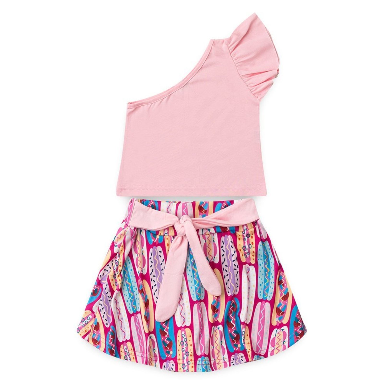 Infantil - Conjunto Verão Menina Rosa Cropped um Ombro só e Shorts Saia Hot Dog