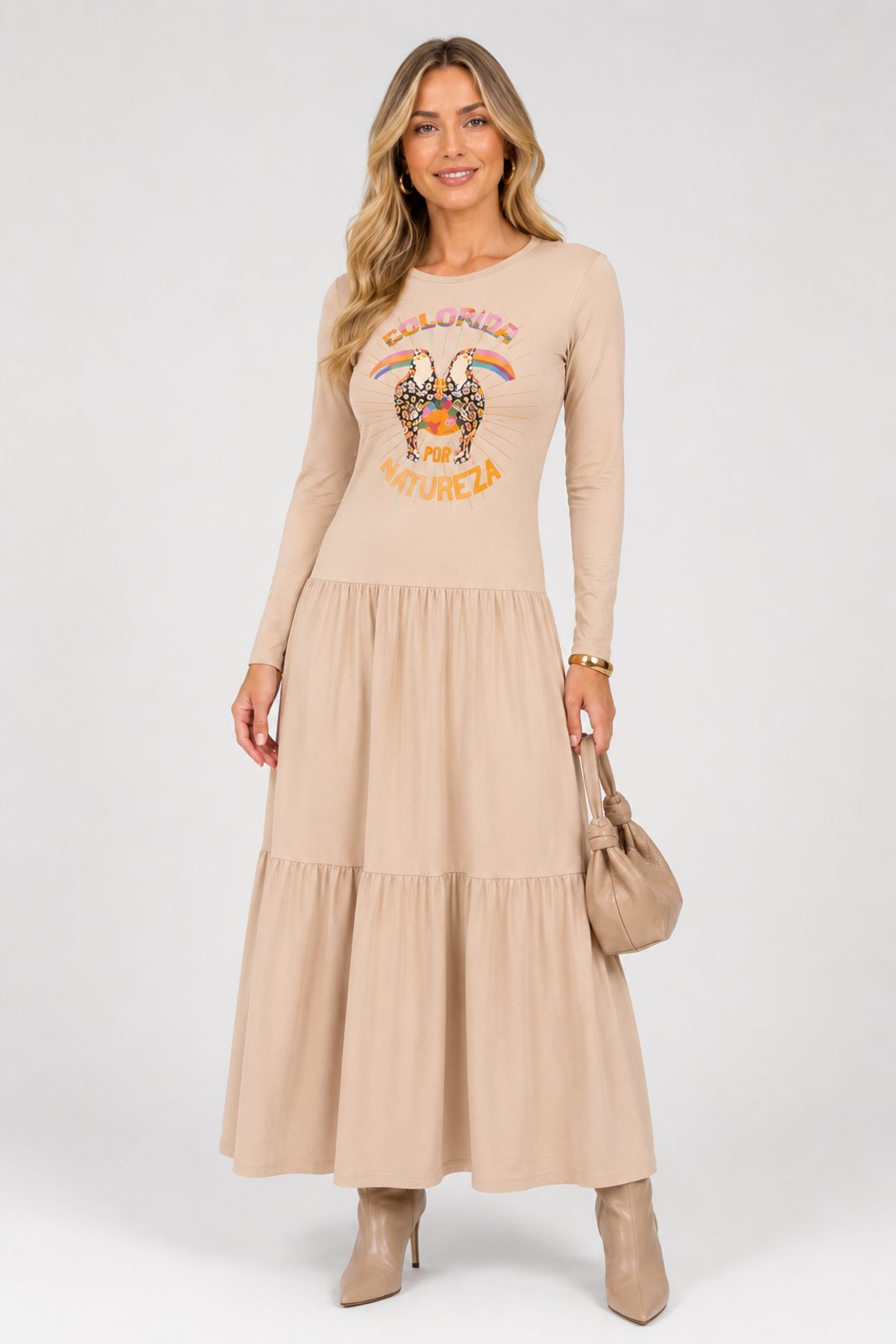 Vestido Midi D Bell Outlet Fashion Manga Longa Nude