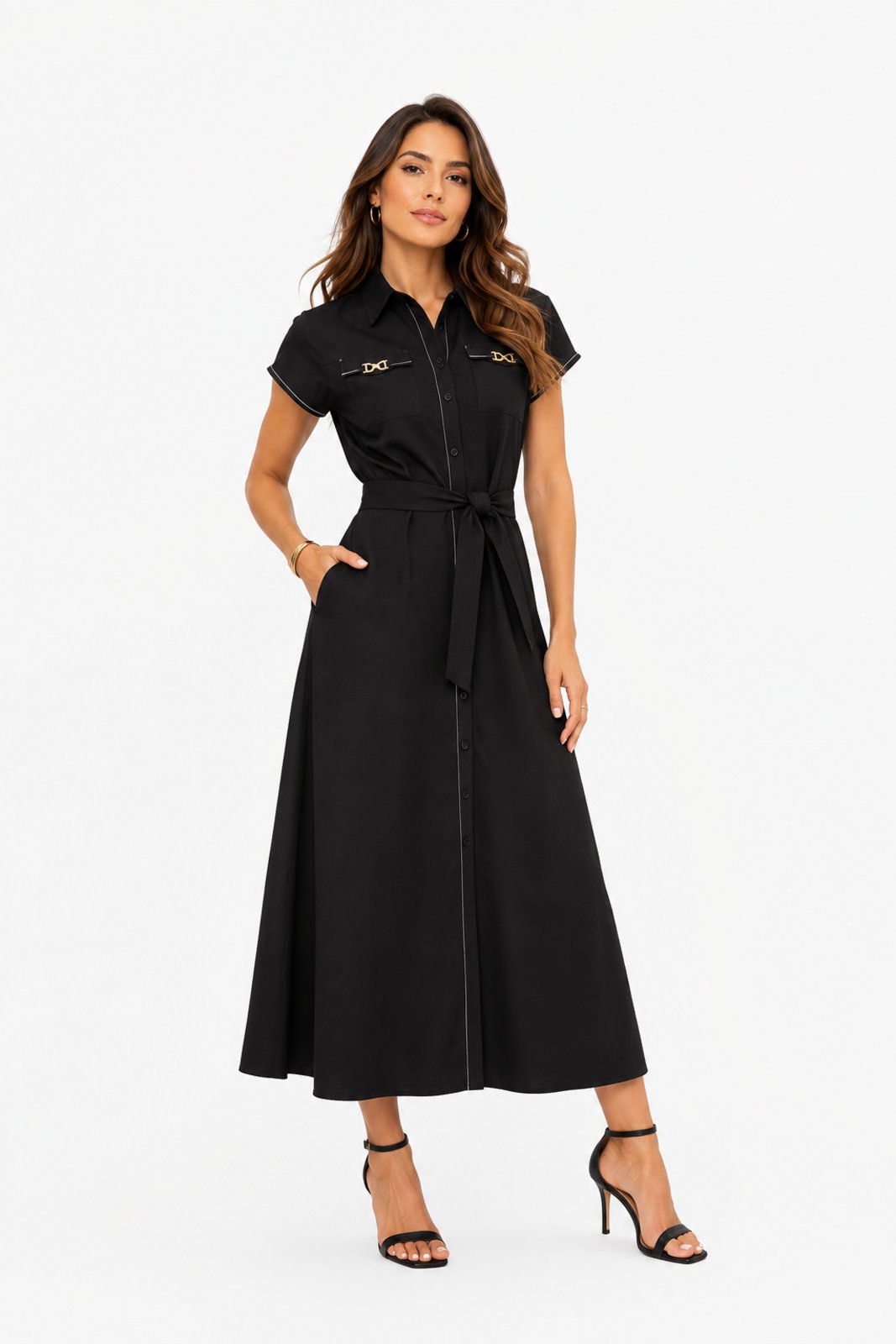 Vestido Midi D Bell Outlet Fashion Chemise Pespontado Preto