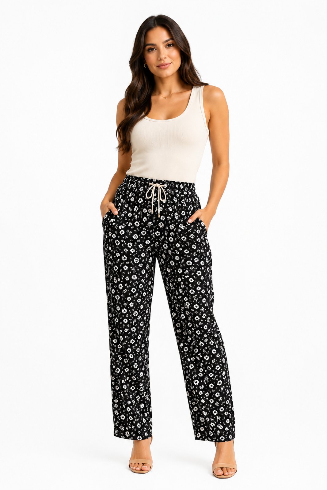 Calça D Bell Outlet Fashion Crepe Duna Flores Brancas